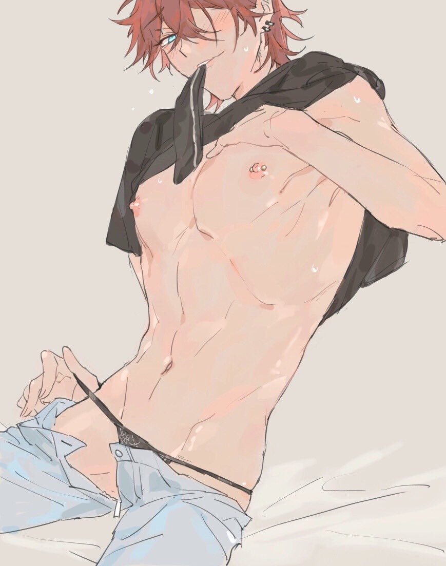 1boy, black panties, clothed, ensemble stars!, male, male only, nipple piercing, nipples, piercing, rinne amagi, shirt lift, solo, string panties