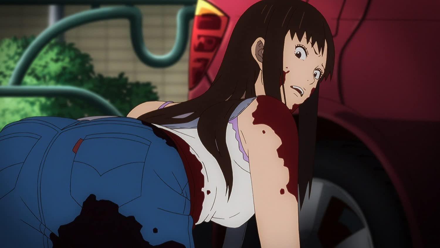 1girls anime_screencap ass ass_focus behind_view bent_over black_hair blood blood_splatter blood_stain curvy_female denim_skirt female frilly_clothing gyo_tokyo_fish_attack jean_skirt junji_ito kaori_(gyo) long_hair looking_back ova purple_frill screencap sleeveless sleeveless_shirt white_shirt