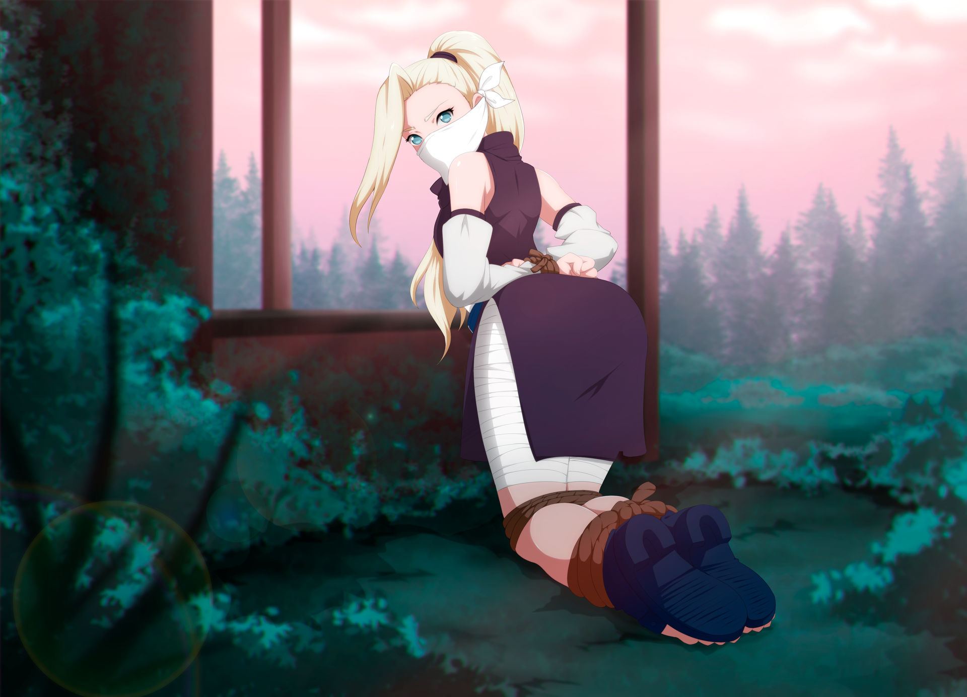 1girls, arm warmers, arms up, ass, bandages, big ass, blue eyes, blush, bondage, breasts, detoreik, dress, female, from behind, fully clothed, gag, ino yamanaka, kneeling, legs together, looking at viewer, looking back, mouth gag, naruto, naruto (classic), naruto (series), on knees, outdoors, petite, ponytail, rope, round ass, sandals, solo, solo female, solo focus, tied hair, tied hands, tied legs, tied up