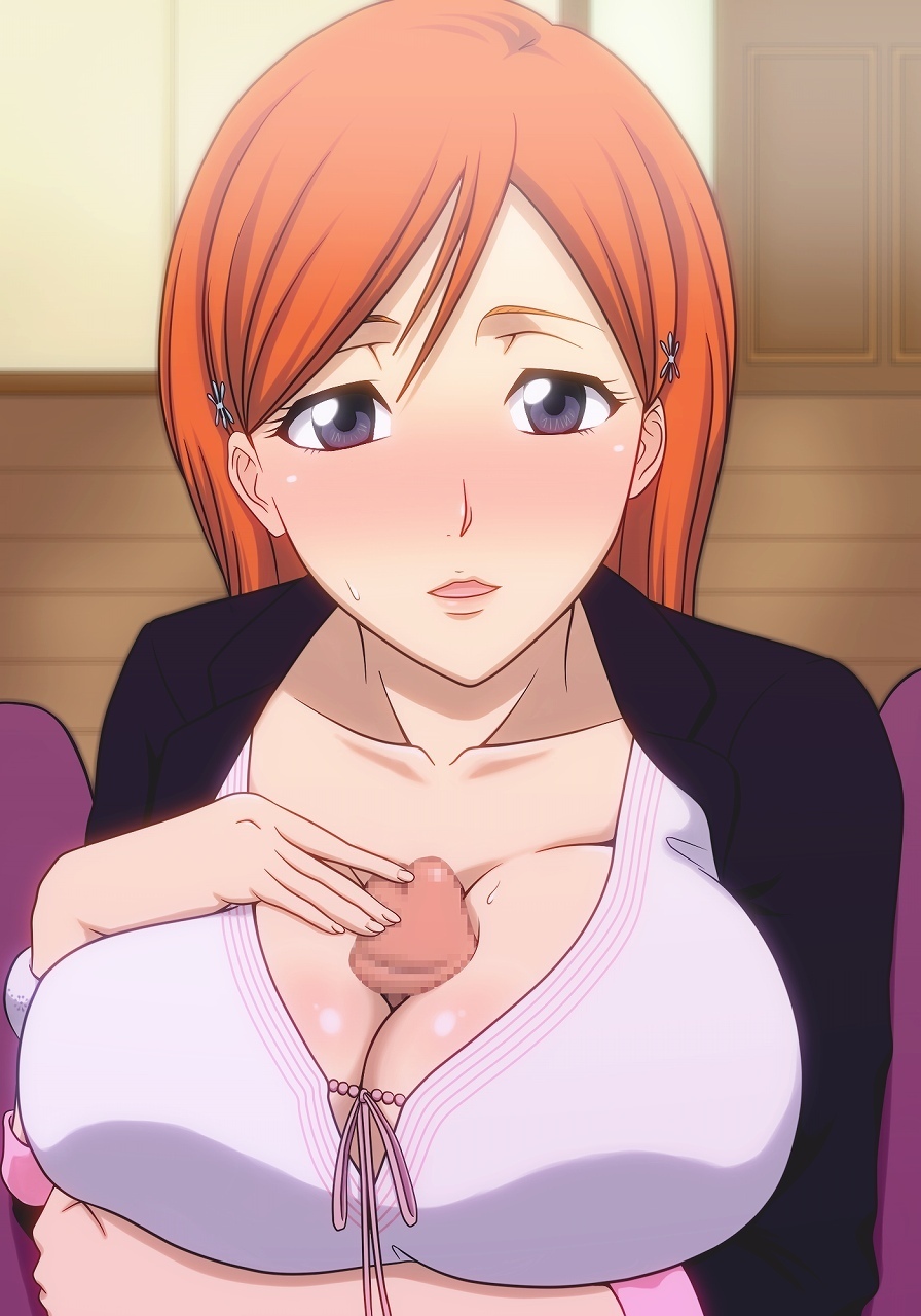 bleach, blush, breasts, cleavage, clothed paizuri, female, huge breasts, inoue orihime, male, orange hair, paizuri, penis, touching penis
