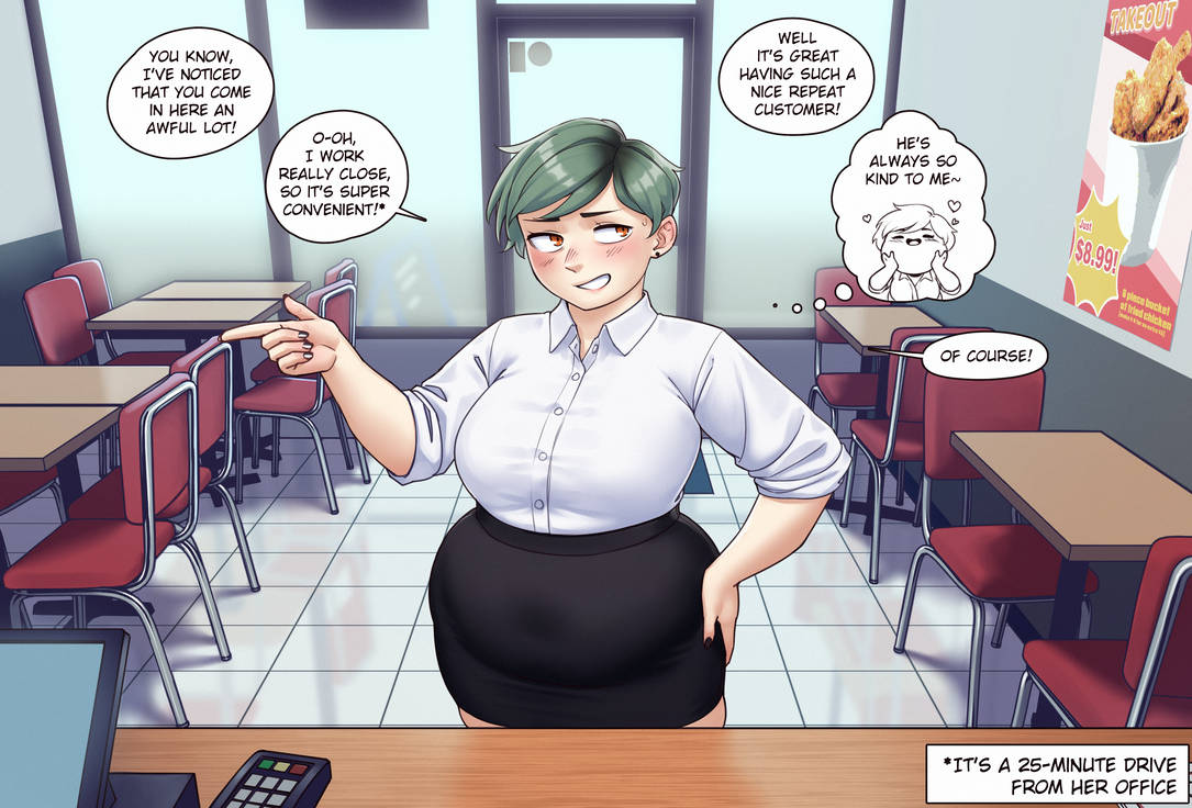 1boy 1girls belly belly_button better_with_salt fast_food_restaurant fupa green_hair looking_at_viewer looking_away_from_viewer orange_eyes restaurant slight_blush slightly_chubby slightly_chubby_female smile viewer_pov