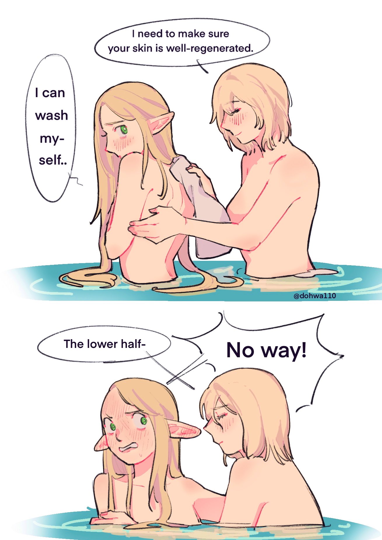 2girls bath bathing blonde_hair blush blushing_profusely breasts closed_eyes color completely_nude delicious_in_dungeon dialogue dohwa110 dungeon_meshi elf_ears elf_female embarrassed english_text falin_touden flustered full-face_blush green_eyes half-elf hand_on_back long_hair looking_at_partner looking_back marcille_donato partially_submerged pointy_ears role_reversal romantic romantic_couple short_hair sideboob speech_bubble standing sweatdrop towel translated very_long_hair washing white_background wholesome yuri