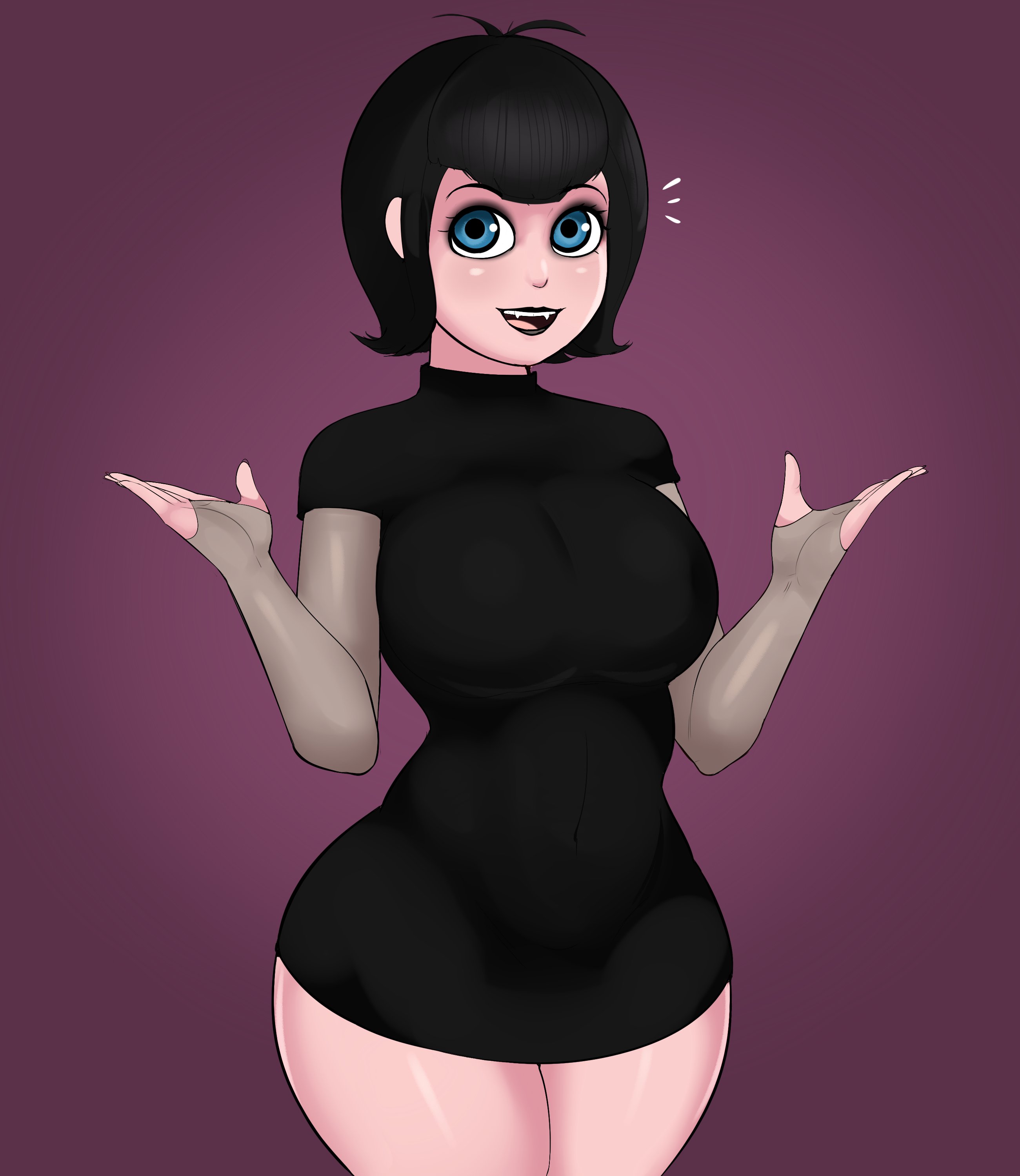1girls, black hair, black lipstick, blue eyes, child bearing hips, female, female only, g3mma, goth, hotel transylvania, humanoid, light skin, light-skinned female, lipstick, looking at viewer, mavis dracula, pale skin, pale-skinned female, short hair, simple background, solo, solo female, solo focus, thick thighs, vampire, wide hips