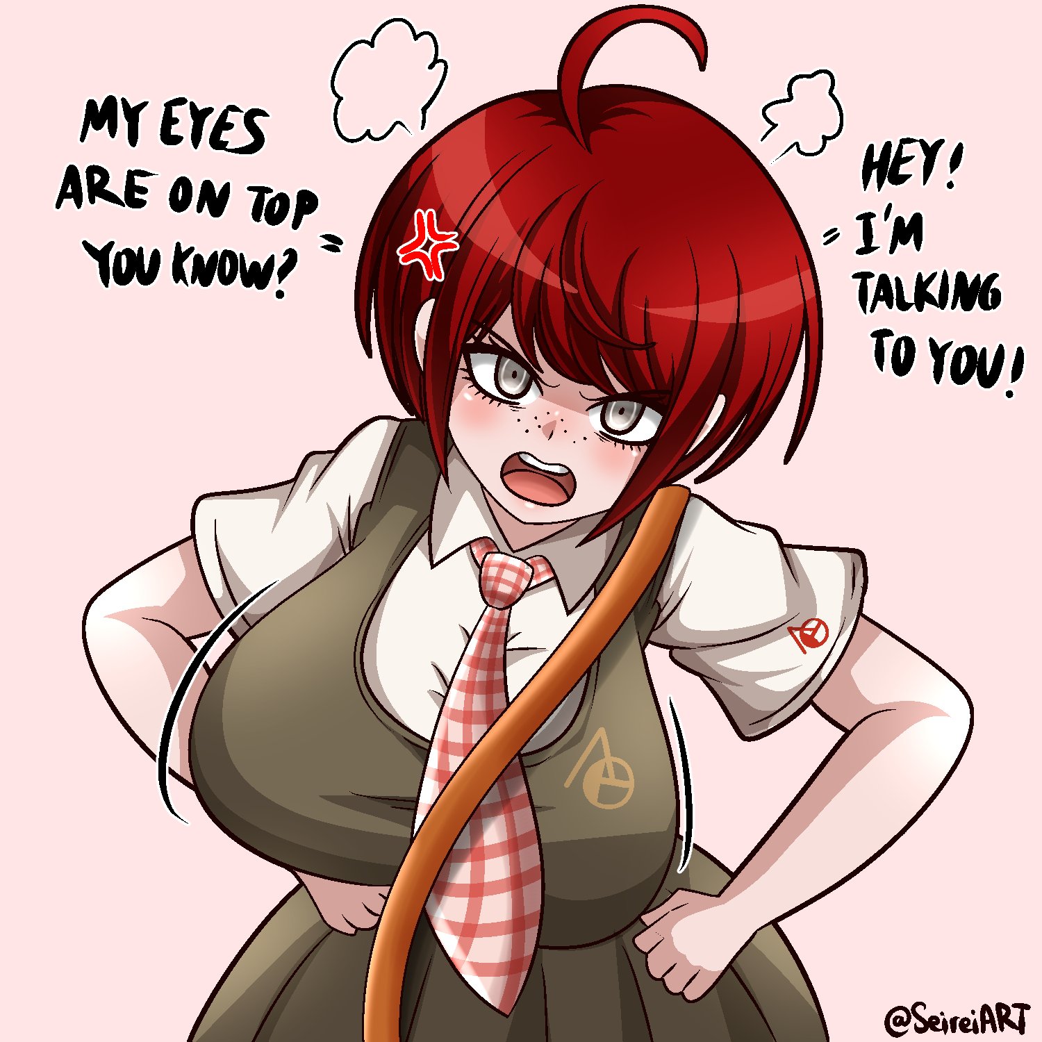 ahoge, alternate breast size, angry, big breasts, breasts, danganronpa, danganronpa 2: goodbye despair, english text, female, freckles, freckles on face, huge breasts, koizumi mahiru, looking at viewer, motion lines, open mouth, red hair, seireiart, swaying breasts, tagme, text