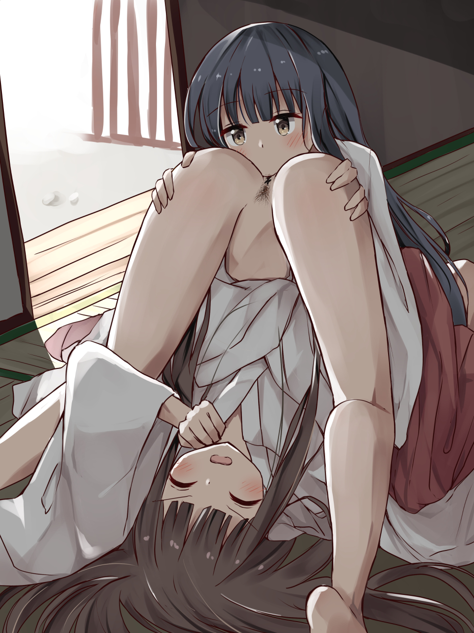 2girls black_hair blush brown_hair closed_eyes cunnilingus female_pubic_hair highres indoors japanese_clothes legs_over_head long_hair miko multiple_girls open_mouth oral original pubic_hair shrine sure_ibu yellow_eyes yuri