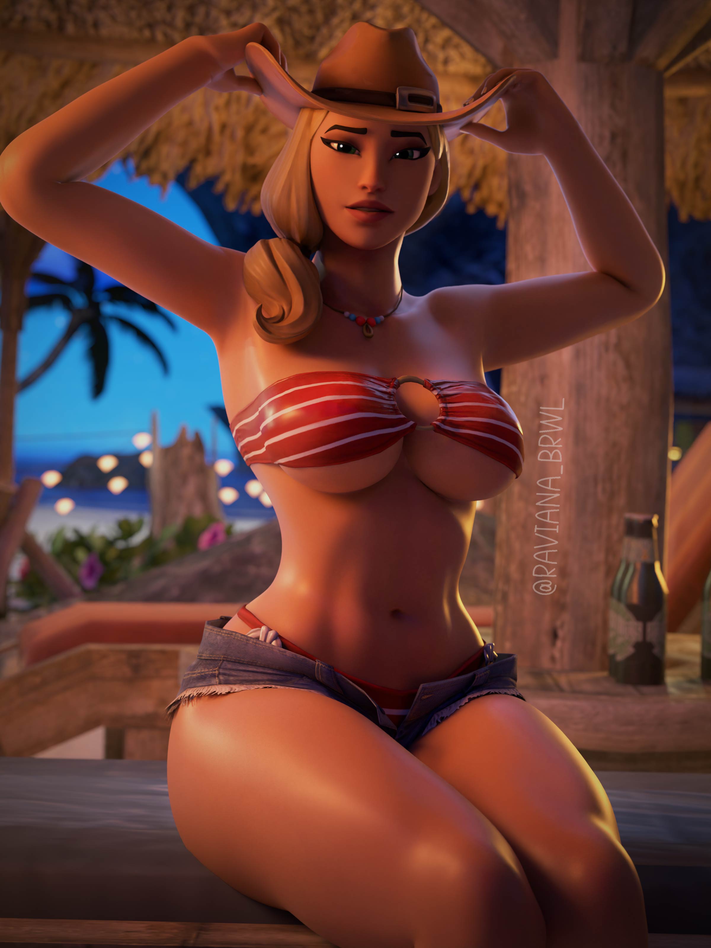 1girls, 2024, 3d, bikini, bikini bottom, bikini top, blender, blonde hair, blurry, blurry background, bra, breasts, cowgirl hat, curvaceous, curves, curvy, curvy body, curvy female, curvy figure, epic games, female, female focus, female only, fortnite, fortnite: battle royale, hat, headhunter (fortnite) (model), headwear, hi res, highres, jean shorts, light skin, light-skinned female, looking at viewer, medium breasts, outdoors, outside, pose, posing, presenting, presenting breasts, raviana brwl, rustler, showing off, sitting, smile, smiling, solo, solo focus, thick thighs, underboob, watermark