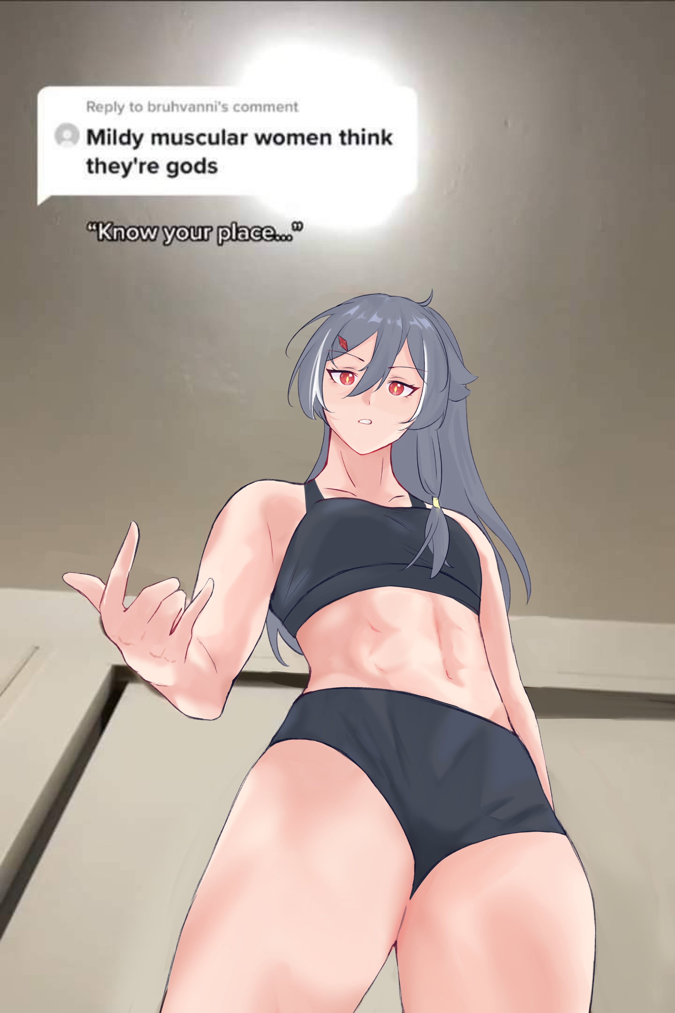 1girls, abs, absurdres, bangs, black bra, black shorts, bra, ceiling, ceiling light, female, fu hua, fu hua (herrscher of sentience), harukaa kei, highres, honkai (series), honkai impact 3rd, indoors, know your place, leanbeefpatty, long hair, looking at viewer, looking down, meme, muscular, muscular female, navel, open mouth, shorts, slightly muscular female, solo, sports bra, tiktok, toned, toned female, underwear