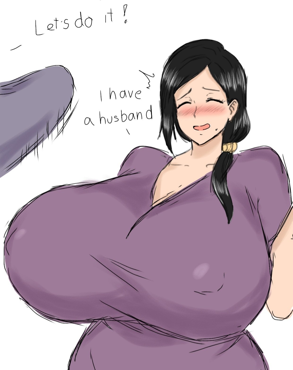 1boy, 1girls, artist name, big breasts, breasts, bulge, bulge through clothing, cheating, cheating wife, closed eyes, copyright request, embarrassed, english text, female, huge breasts, male, milf, momiji (artist), nipple bulge, nipples visible through clothing, ponytail, short hair, straight, tagme, tagme (character), text, tight clothing, twitter link