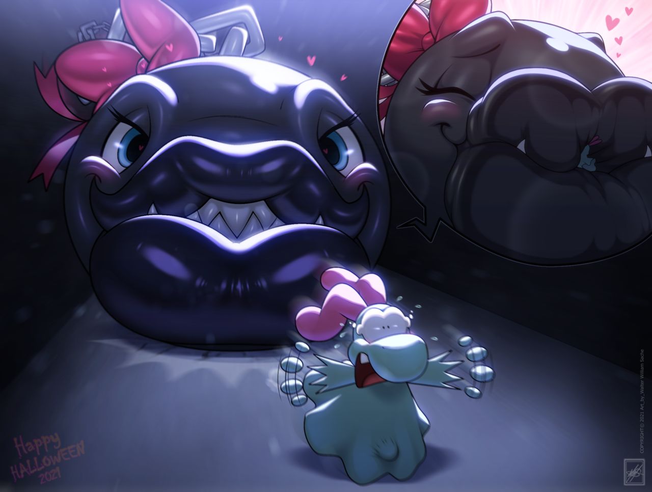 1boy 1boy1girl 1girls anthro big_lips blush bow chain_chomp erection erection_under_clothes eyelashes feral_only huge_lips hyper_lips kissing lips mario_(series) sharp_teeth walter_sache