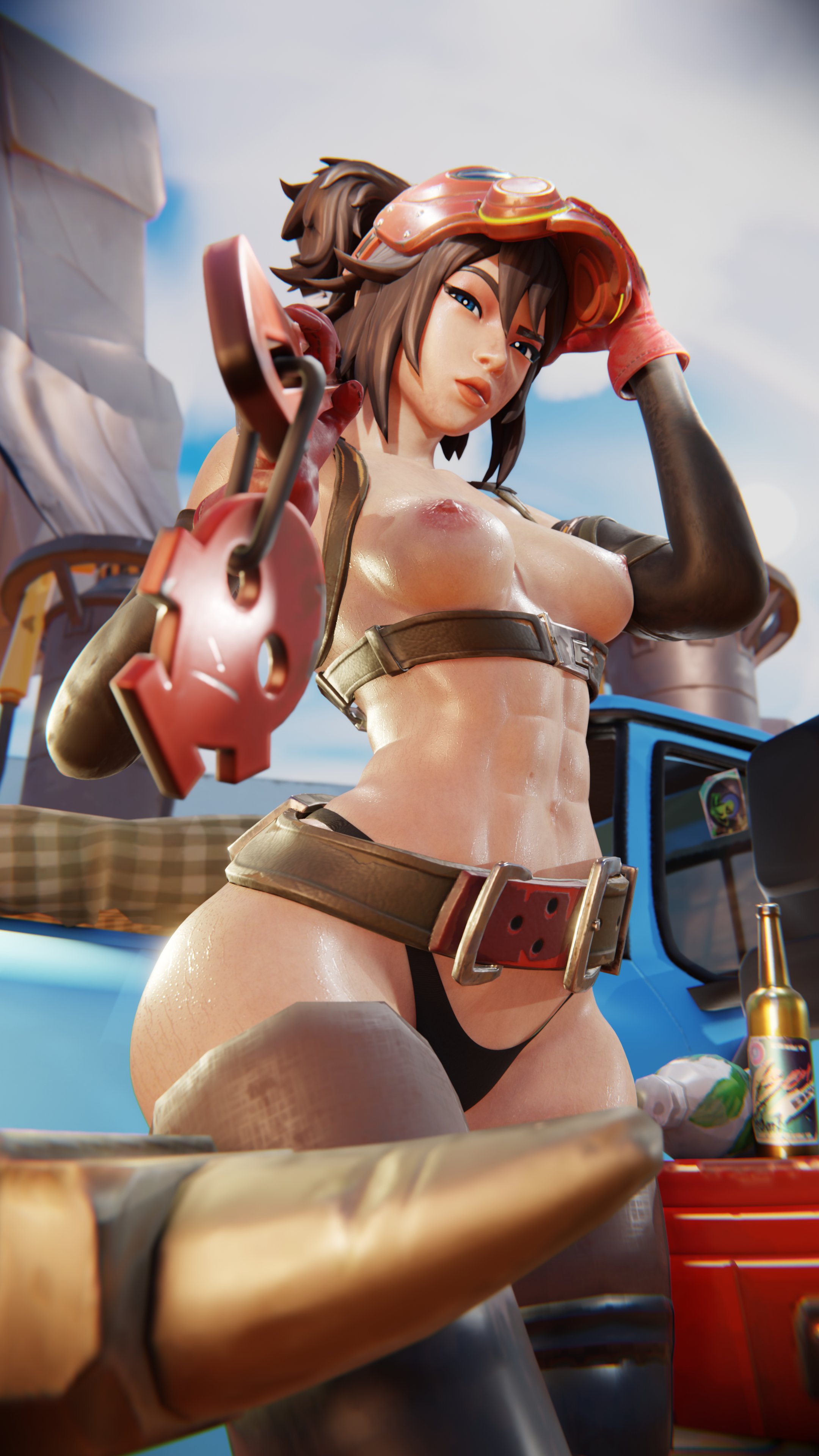 1girls, 2024, 3d, abs, areolae, athletic, athletic female, black panties, blender, breasts, brown hair, epic games, female, female focus, female only, fortnite, fortnite: battle royale, gloves, half naked, half-dressed, headgear, headwear, hi res, highres, holding wrench, jtopau, legwear, light skin, light-skinned female, looking at viewer, medium breasts, outdoors, outside, panties, partially clothed, presenting, presenting breasts, red gloves, smile, smiling, solo, solo focus, sunlight, sweat, sweatdrop, sweating, sweaty, the machinist (fortnite), thong, thong panties, topless, twintails, watermark