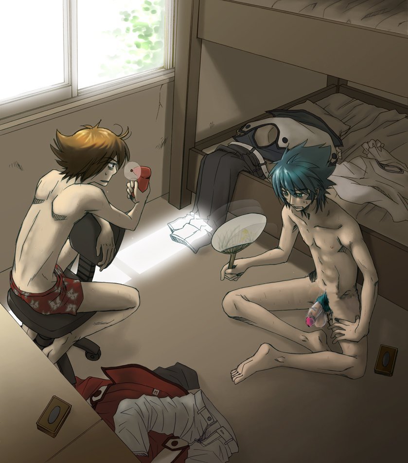 2boys blue_hair brown_hair bunk_bed casual_nudity clothes_on_bed clothes_on_floor clothing jaden_yuki johan_anderson judai_yuuki male_only naked sweating underwear yu-gi-oh! yu-gi-oh!_gx yuuki_juudai