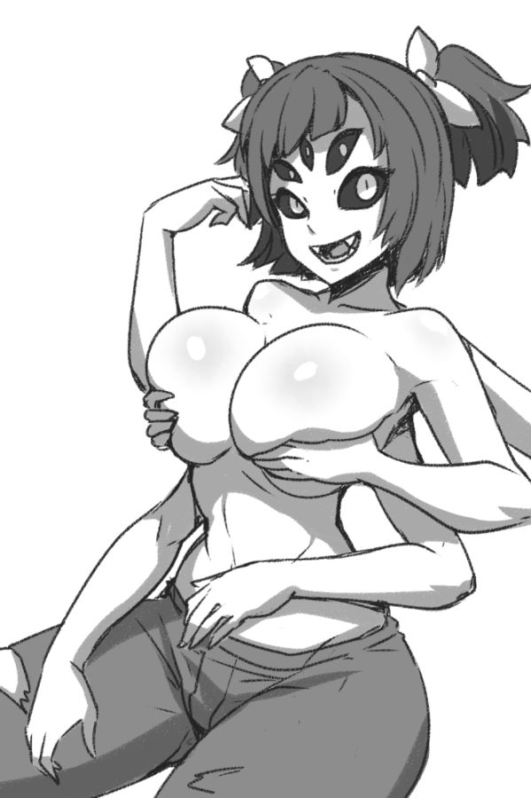 1girls 5_eyes anthro big_breasts fangs female fit fit_female hands_on_breasts jeans jmg looking_at_viewer monster_girl muffet ribbon ripped_clothing ripped_pants solo solo_anthro solo_female spider_girl undertale undertale_(series)