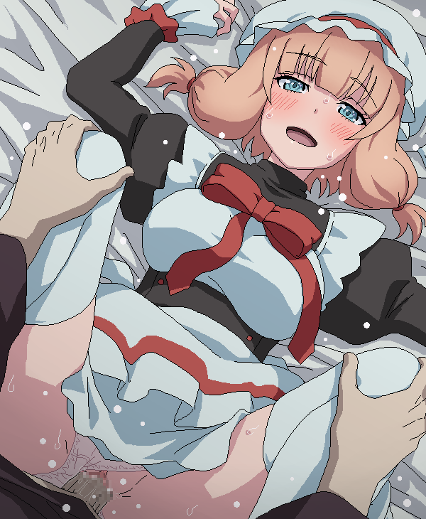 1boy bed_sheet black_shirt blue_eyes blunt_bangs blush bonnet bow breasts censored clothed_sex clothing_aside dress female hands_on_another's_knees jaggy_lines juliet_sleeves large_breasts layered_skirt long_sleeves looking_at_viewer lying m_legs maid maougun_saikyou_no_majutsushi_wa_ningen_datta medium_hair missionary mosaic_censoring on_back open_mouth orange_hair panties panties_aside penis petticoat pink_panties puffy_long_sleeves puffy_sleeves pussy red_bow satie_(maougun_saikyou_no_majutsushi_wa_ningen_datta) sex shirt short_twintails skirt solo_focus straight sweat thighhighs tomu_(tomubobu) twintails underwear vaginal_penetration white_dress white_skirt white_thighhighs