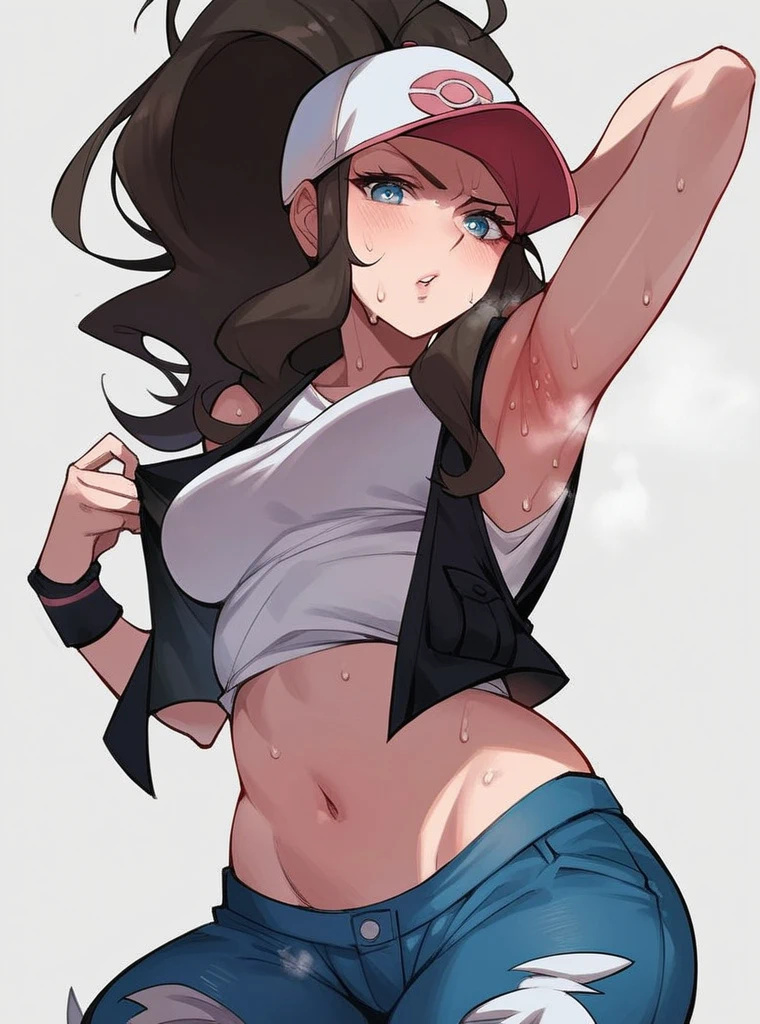 ai generated, armpit fetish, armpits, arms up, athletic, athletic female, bare legs, blush, breasts, brown hair, female, game freak, hat, hilda (pokemon), huge breasts, huge thighs, jeans, large breasts, light skin, light-skinned female, looking at viewer, nintendo, pokemon, pokemon bw, ponytail, solo female, squatting, sweat, sweatdrop, tank top, thick thighs, thighs, thighs bigger than head, voluptuous, voluptuous female, whop