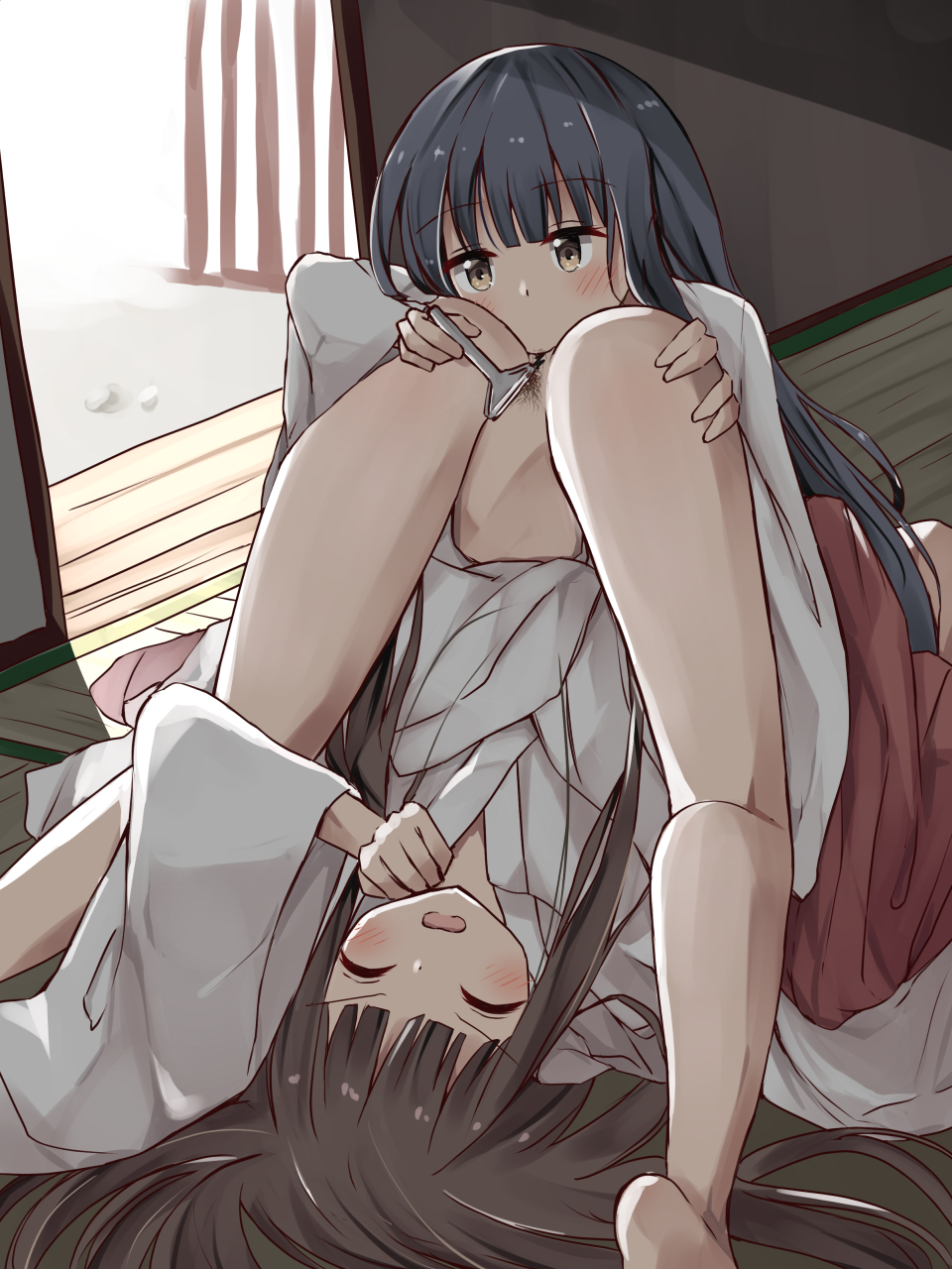 2girls black_hair blush brown_hair closed_eyes cunnilingus female_pubic_hair highres indoors japanese_clothes legs_over_head long_hair miko multiple_girls open_mouth oral original pubic_hair shaving shaving_another shaving_pussy shrine sure_ibu yellow_eyes yuri