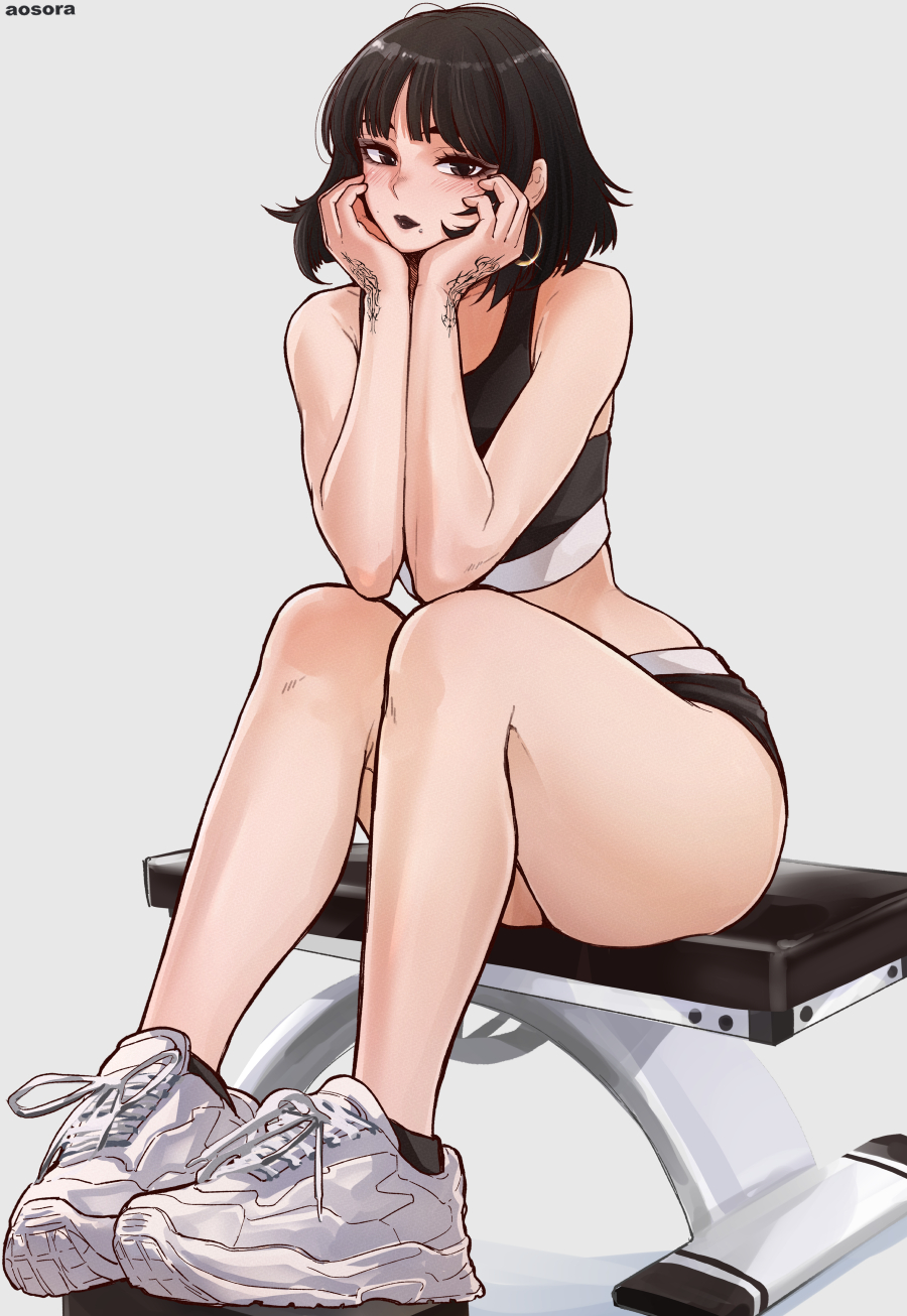 1girls almualim aosora black_hair black_lips brown_eyes curvy_female curvy_figure cut_hair goth mole_under_mouth sitting sitting_on_bench sportswear tennis_shoes wrist_tattoo yuna_(almualim)