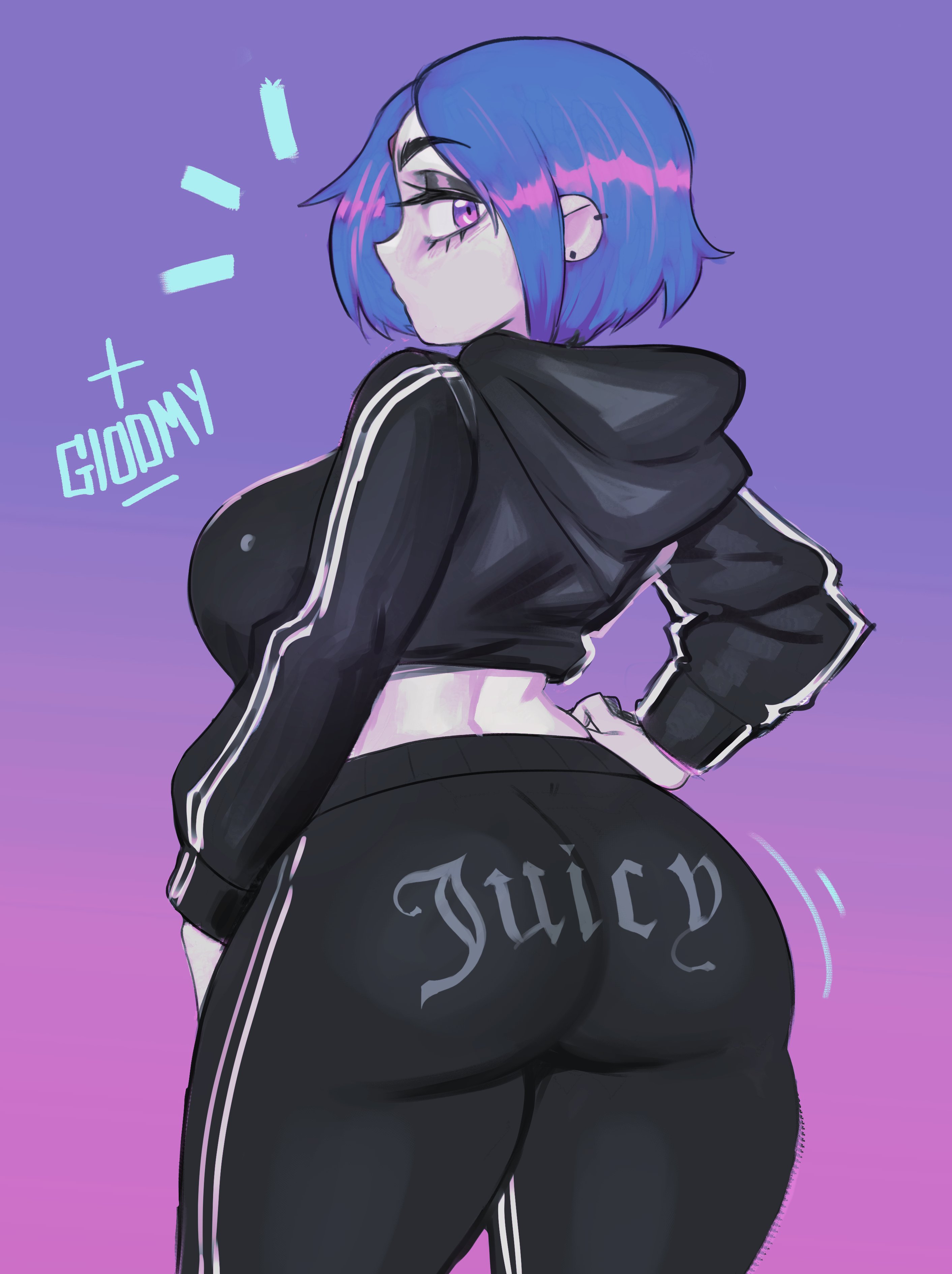 2d, 2d (artwork), ass, big breasts, black legwear, black sweater, blue hair, breasts, bubble ass, bubble butt, fat ass, female, gloomyacid, hoodie, looking back, midriff, oc, original, original character, pink background, pink eyes, purple background, purple eyes, simple background, sweatpants