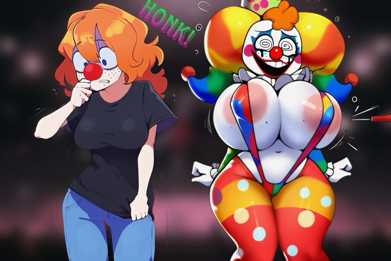 1girls, ai generated, ass, ass expansion, breast expansion, breast growth, breast growth (enlargement), breasts, cleavage, clown, clown girl, clownification, female, huge ass, huge breasts, nipples, solo female, story at source, thick thighs, thigh expansion, transformation, wide hips