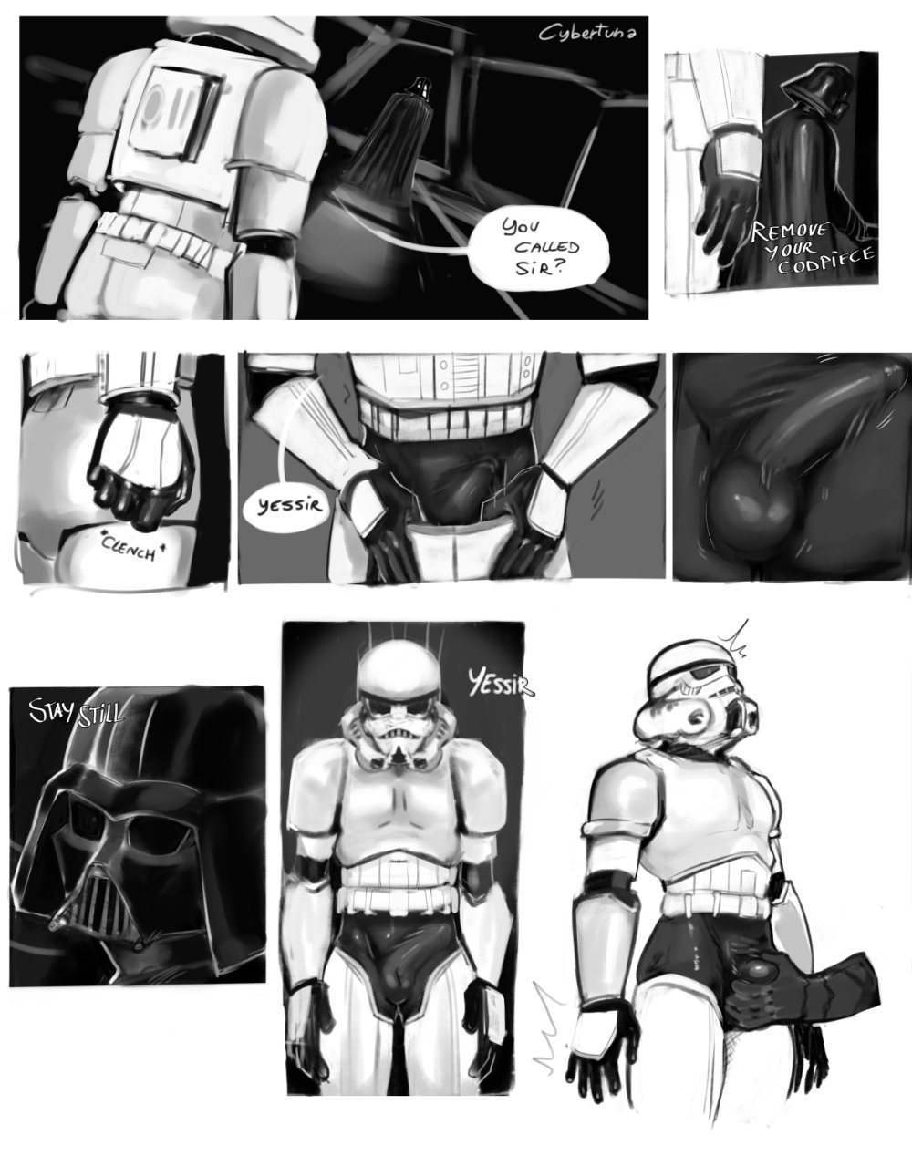 2d bulge bulge_through_clothing clothed clothed_sex darth_vader dialogue english_text forced_strip fraternity gay gay_sex grabbing_bulge helmet male male_focus male_only masked masked_male sith soldier spaceship standing_at_attention star_destroyer star_wars stormtrooper verbal