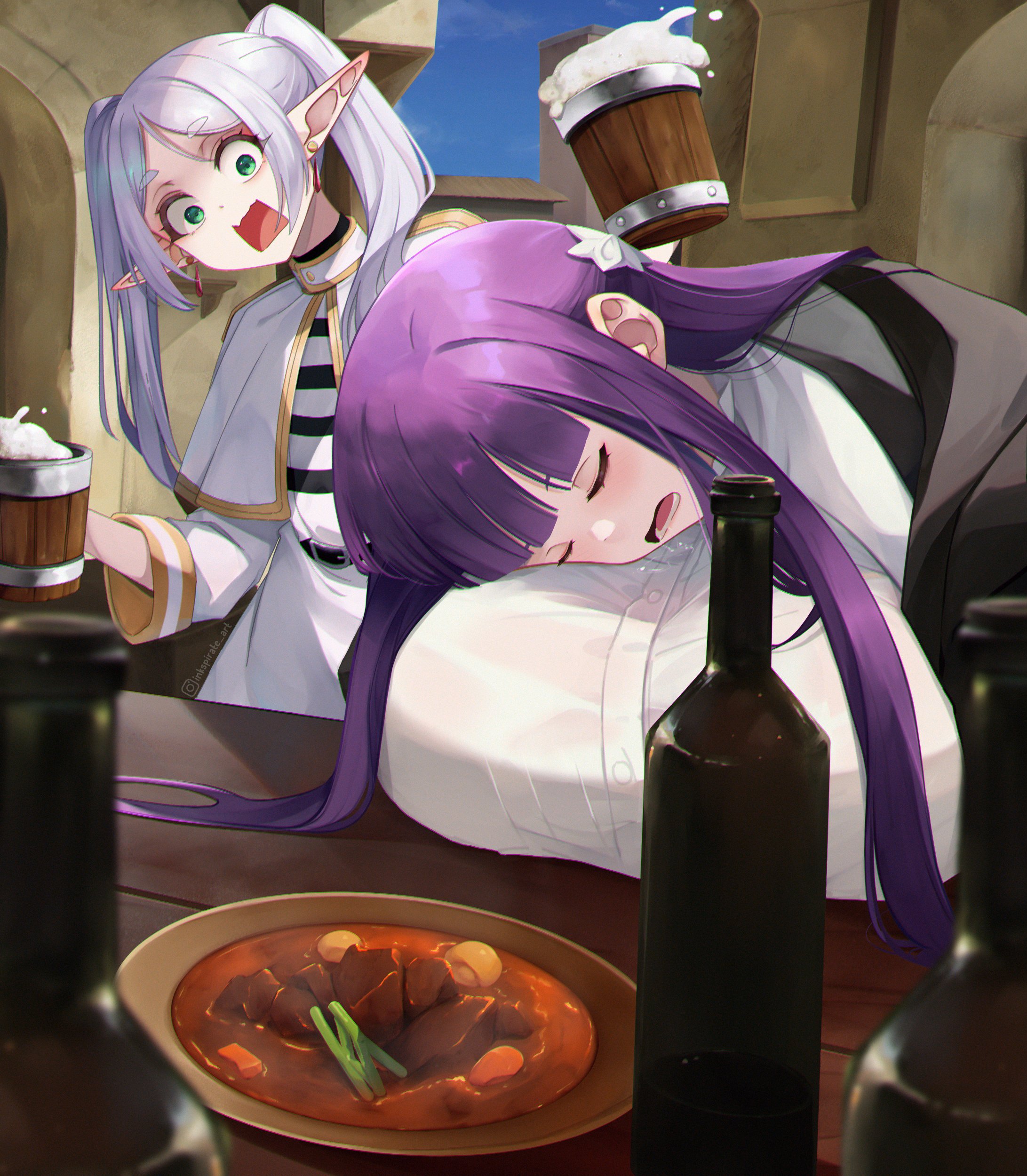 2girls, big breasts, breast pillow, breasts, breasts on table, female, female only, fern (sousou no frieren), food, frieren, huge breasts, inkspirate, multiple females, multiple girls, sousou no frieren, tagme