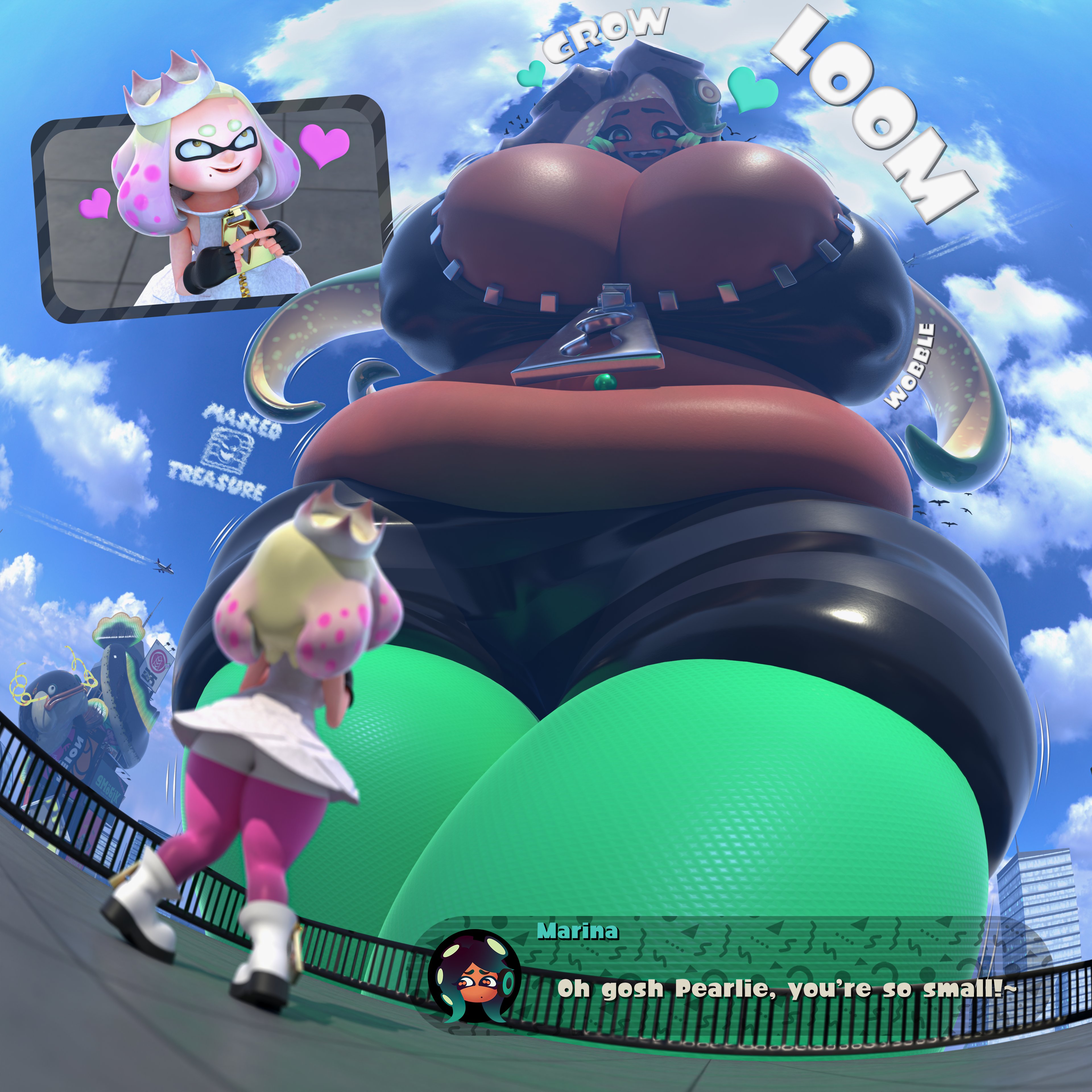 2girls, 3d, big breasts, breasts, chubby, chubby female, city, dark skin, dark-skinned female, extreme size difference, female, female focus, female only, giantess, height difference, humanoid, light skin, light-skinned female, marina (splatoon), marina (wo262), maskedtreasure, nintendo, pearl (splatoon), size difference, splatoon, splatoon (series), splatoon 2, video game character, wo262 (3d model style), yuri