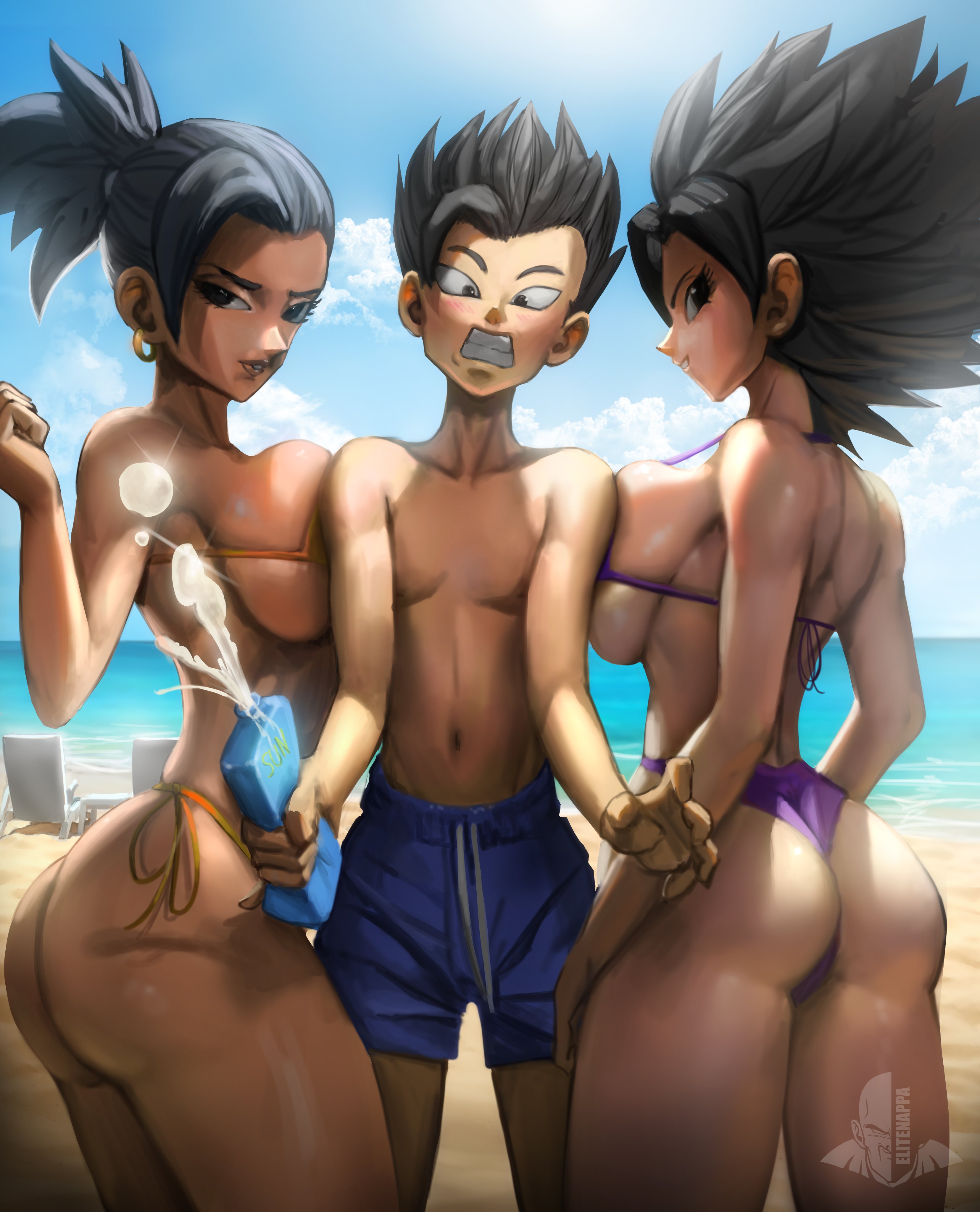 1boy, 2girls, ass, beach, big ass, big breasts, bikini, black hair, boxers, breast press, breasts, cabba, caulifla, chair, clothing, cloud, curvy female, dragon ball, dragon ball super, ear piercing, earrings, elitenappa, embarrassed, female, female saiyan, hourglass figure, kale, looking at viewer, looking back, male, multiple females, multiple girls, ocean, piercing, saiyan, sand, side-tie bikini, skimpy, skinny male, sky, smile, squished between breasts, sunscreen, swimming trunks, swimsuit, thick thighs, thong bikini, universe 6/universe 7, water