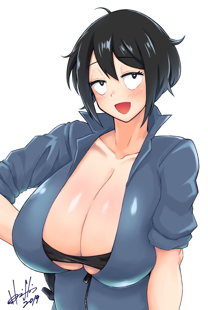 1girls 30th_video_rentals :d alternate_breast_size big_ass big_breasts black_eyes black_hair breasts chuuko_rental cleavage clothing curvy fanart gloves half-closed_eyes horishin1986 huge_breasts indie_virtual_youtuber jumpsuit kataochi_chuuko large_breasts mob_face nakako_kataochi plump smiling thick thighs virtual_youtuber vtuber