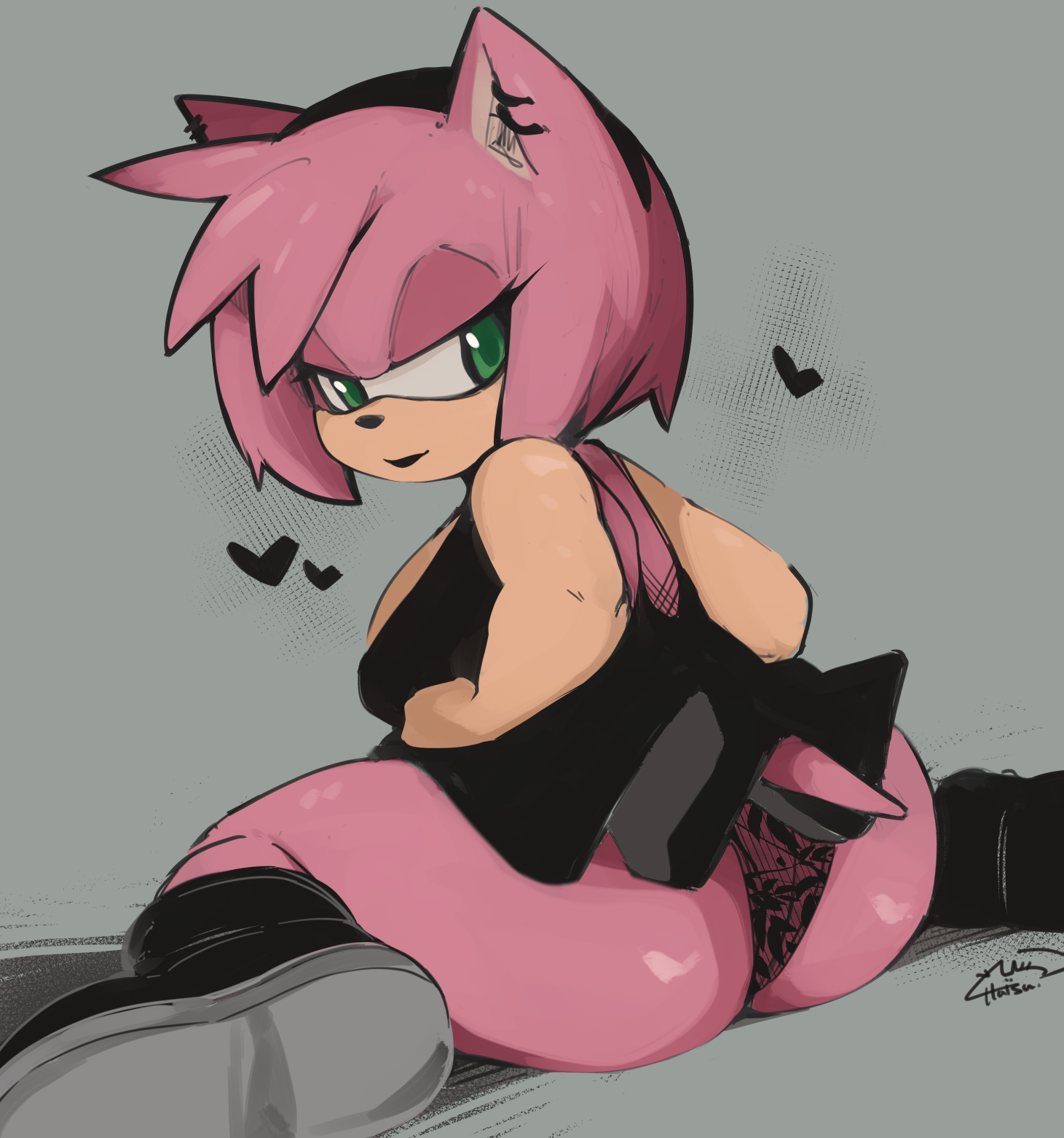 amy rose, anthro, ass, big ass, female, female only, furry, goth, green eyes, hatsumiilkshake, panties, sega, short skirt, sonic (series), sonic the hedgehog (series)