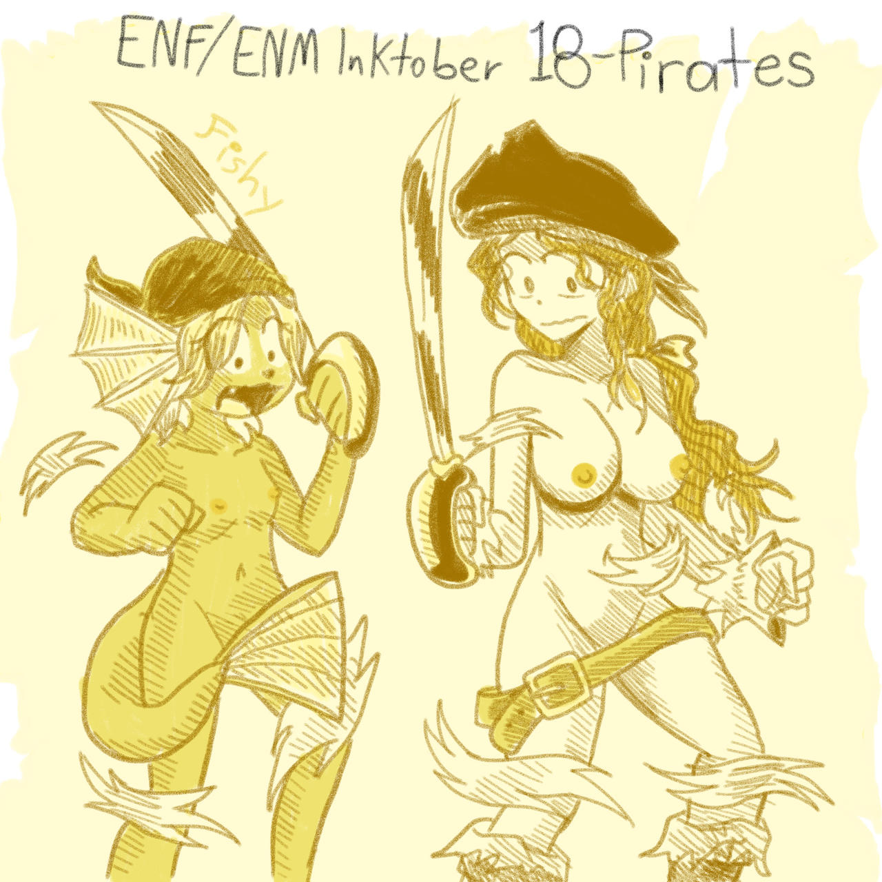 2girls belt boots covering_crotch female female_only fishabelle hat inktober inktober_2021 long_hair multiple_girls nairod103098 navel nipples nude nude_female pirate pirate_hat sword torn_clothes