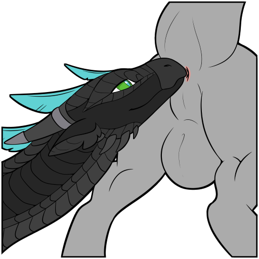 anal anus ass balls black_body dragon duo feathers genitals green_eyes grey_body horn mythological_creature mythological_scalie mythology oral presenting presenting_hindquarters raised_tail rimming scalie sex symrea tail tail_anus telegram_sticker