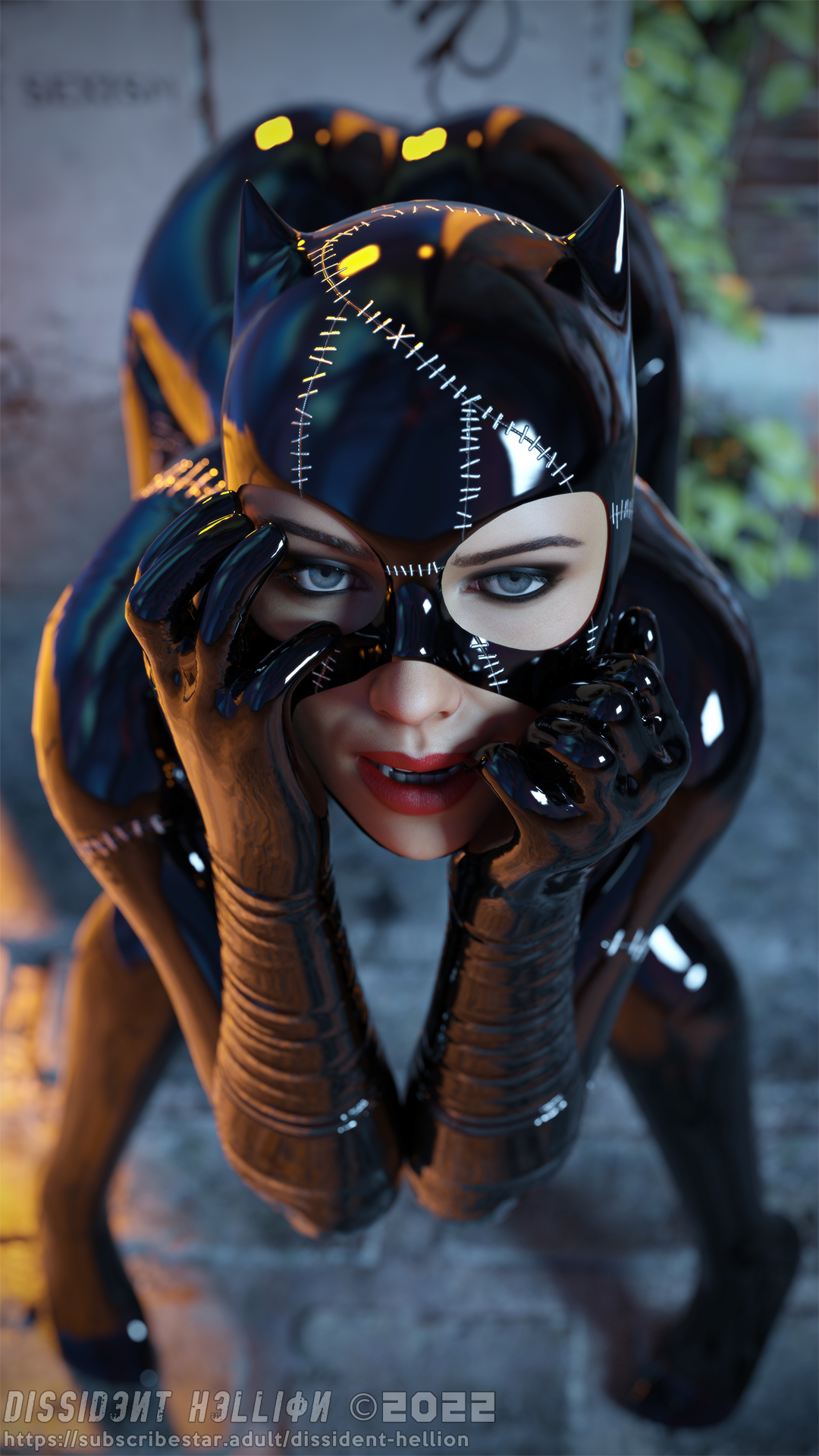 1girls, batman (series), batman returns, boots, catsuit, catwoman, catwoman (michelle pfeiffer), crazy pose, dc, dc comics, dc extended universe, depth of field, dissidenthellion, female, female only, high heel boots, high heels, latex, latex bodysuit, lipstick, original, selina kyle, solo, solo female