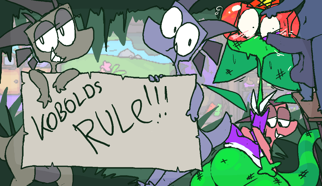 anthro balls belly blush bodily_fluids bruised bruised_eye foreskin genitals green_body group horn imminent_rape kobold looking_at_viewer male male/male penis roksim roksim_the_time_mage sweat text toony
kobold