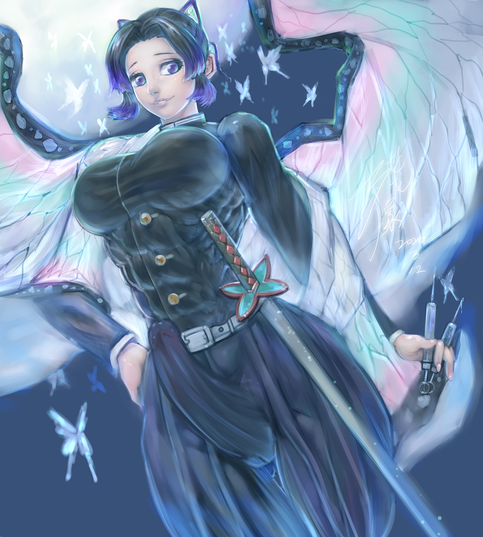 abs, big breasts, breasts, demon slayer, erection, erection under clothes, futa only, futanari, intersex, kimetsu no yaiba, kimono, kochou shinobu, sword, zanzou