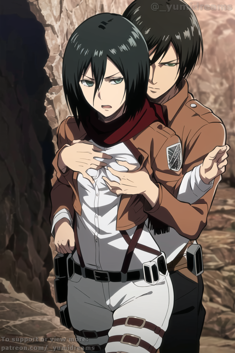 _yumidreams ai_generated attack_on_titan breast_grab breast_grab_from_behind breast_grab_under_clothes breast_grabbed_from_behind female female_focus mikasa_ackerman molestation red_scarf shingeki_no_kyojin survey_corps_(emblem)