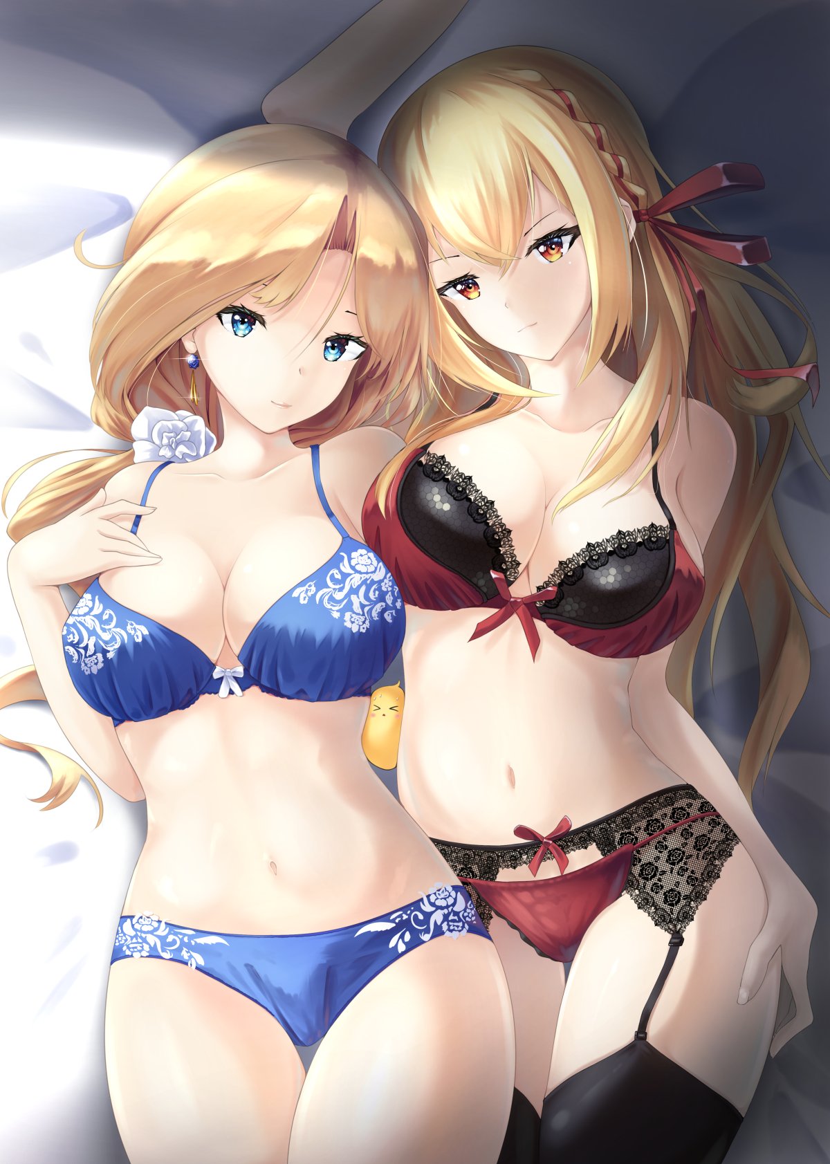 2girls arm_on_breast arm_on_hip azur_lane big_breasts black_and_red_bra black_and_red_lingerie black_and_red_panties black_stockings blonde_hair blue_bra blue_eyes blue_panties bra braid breasts clothed cowboy_shot earrings from_above garter_belt garter_straps hair_ribbon hood_(azur_lane) jewelry king_george_v_(azur_lane) lace-trimmed_bra lingerie long_hair looking_at_viewer manjuu_(azur_lane) mimelex multiple_girls navel on_back on_bed pale-skinned_female pale_skin panties picot_trim picot_trim_bra picot_trim_panties red_bra red_eyes red_panties side_ponytail stockings string_panties voluptuous wide_hips