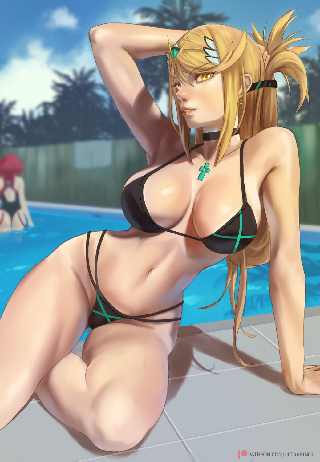 2022, 2girls, alternate hairstyle, bangs, bikini, black bikini, blonde hair, breasts, character in background, female, female only, gold eyes, hips, huge breasts, long hair, mythra, nintendo, outdoors, pool, poolside, posing, pyra, red hair, short hair, slim waist, swept bangs, thick thighs, thighs, tied hair, ultrabinou, wide hips, xenoblade (series), xenoblade chronicles 2