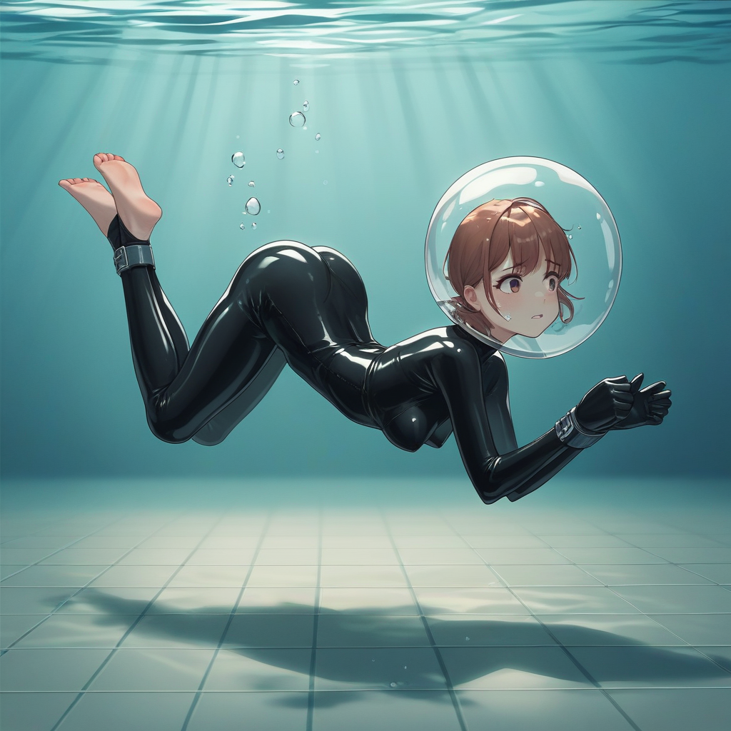 ai_generated arched_back barefoot bondage bubble_helmet diving_helmet feet helmet latex latex_bodysuit nordslate underwater