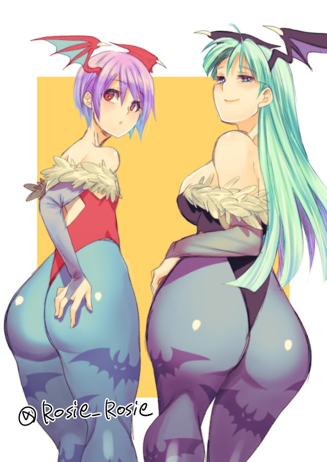 2demons 2girls ass ass_focus ass_grab big_ass blue_eyes bottom_heavy darkstalkers flat_chest green_hair large_ass leotard lilith_aensland morrigan_aensland purple_hair red_eyes rosie_rosie sisters small_breasts succubi succubus