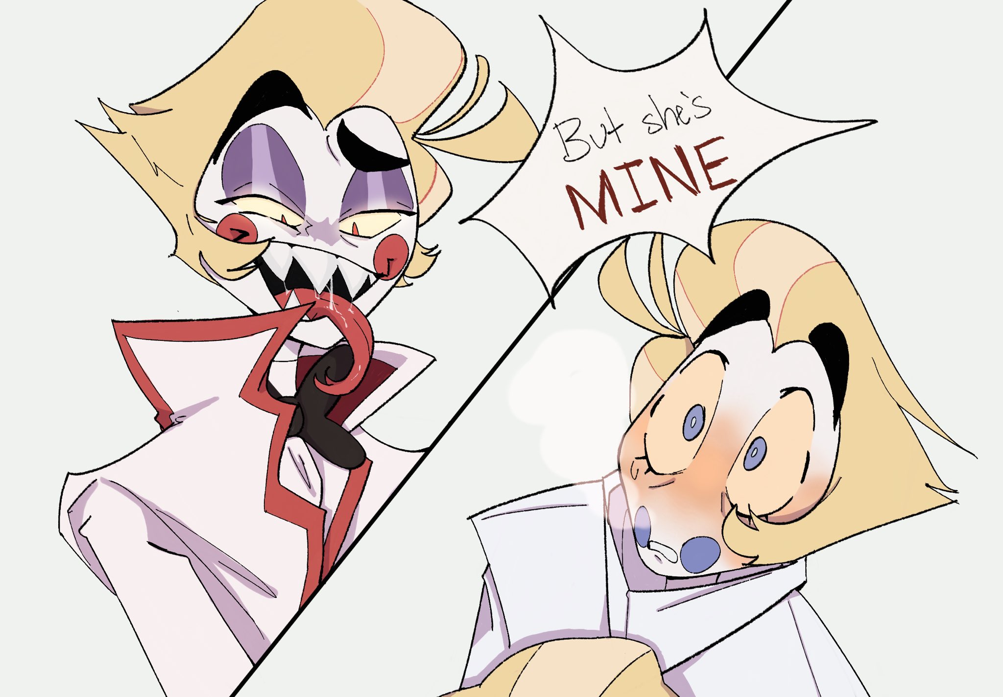 2boys, blonde hair, blushing male, charlie morningstar (hazbin hotel), father, father and child, father and daughter, female, hazbin hotel, humanoid, incest, incest (lore), lucifer morningstar (hazbin hotel), male, male only, no visible genitalia, offscreen character, time paradox, tongue, tongue out