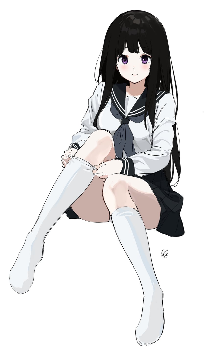 ass_visible_through_thighs black_hair blush breasts chitanda_eru closed_mouth dressing feet hyouka kneehighs long_hair medium_breasts mery_(yangmalgage) neckerchief no_shoes panties panties_visible_under_skirt panty_peek purple_eyes school_uniform sitting skirt smile thighs