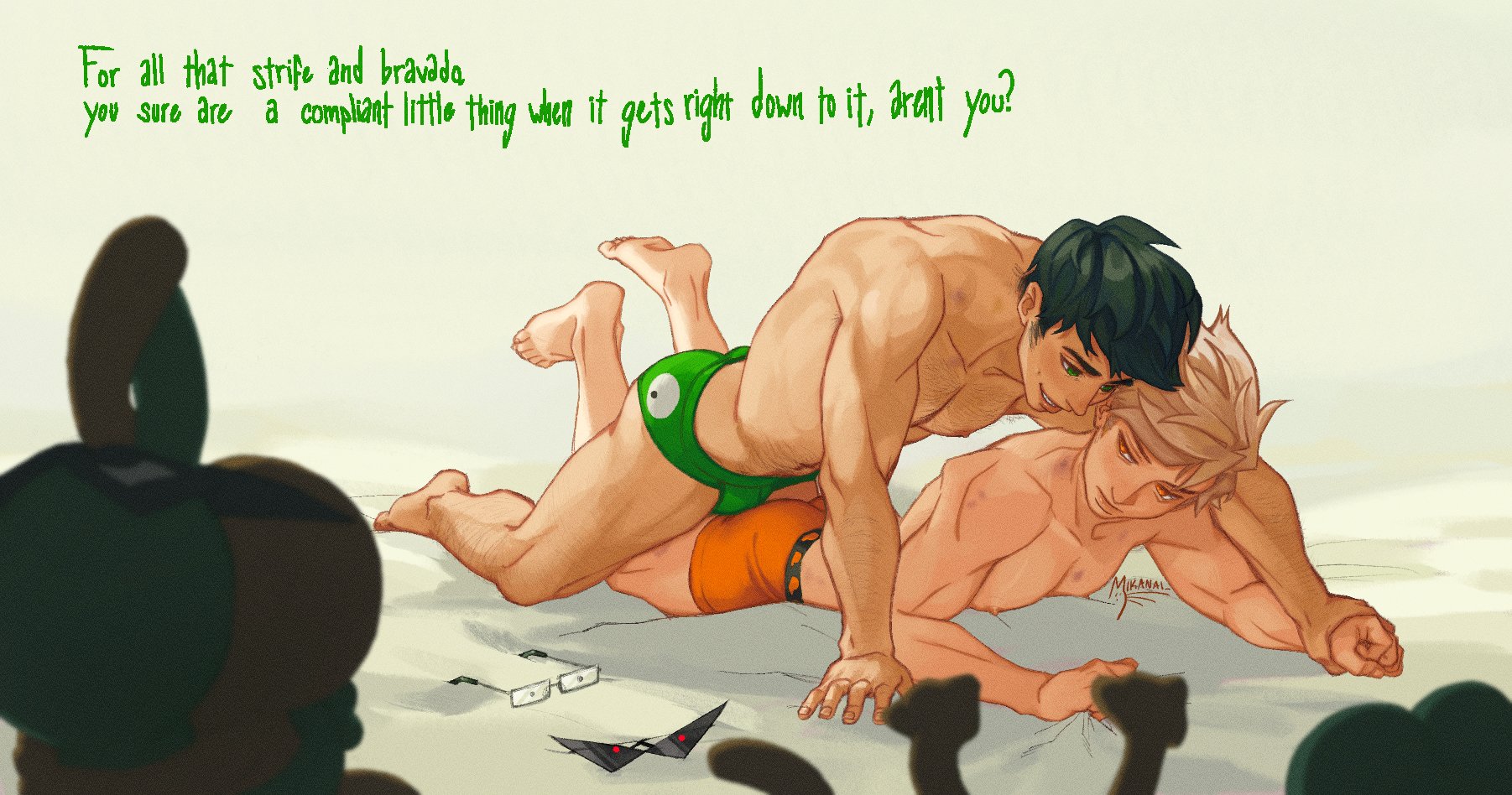 2boys, black hair, black-haired male, blonde hair, blonde-haired male, canon couple, dirk strider, gay, homestuck, jake english, male, male focus, male only, mikanai, mostly nude, mostly nude male, muscular, muscular male, short hair, short-haired male, spiky hair, topless, underwear, yaoi