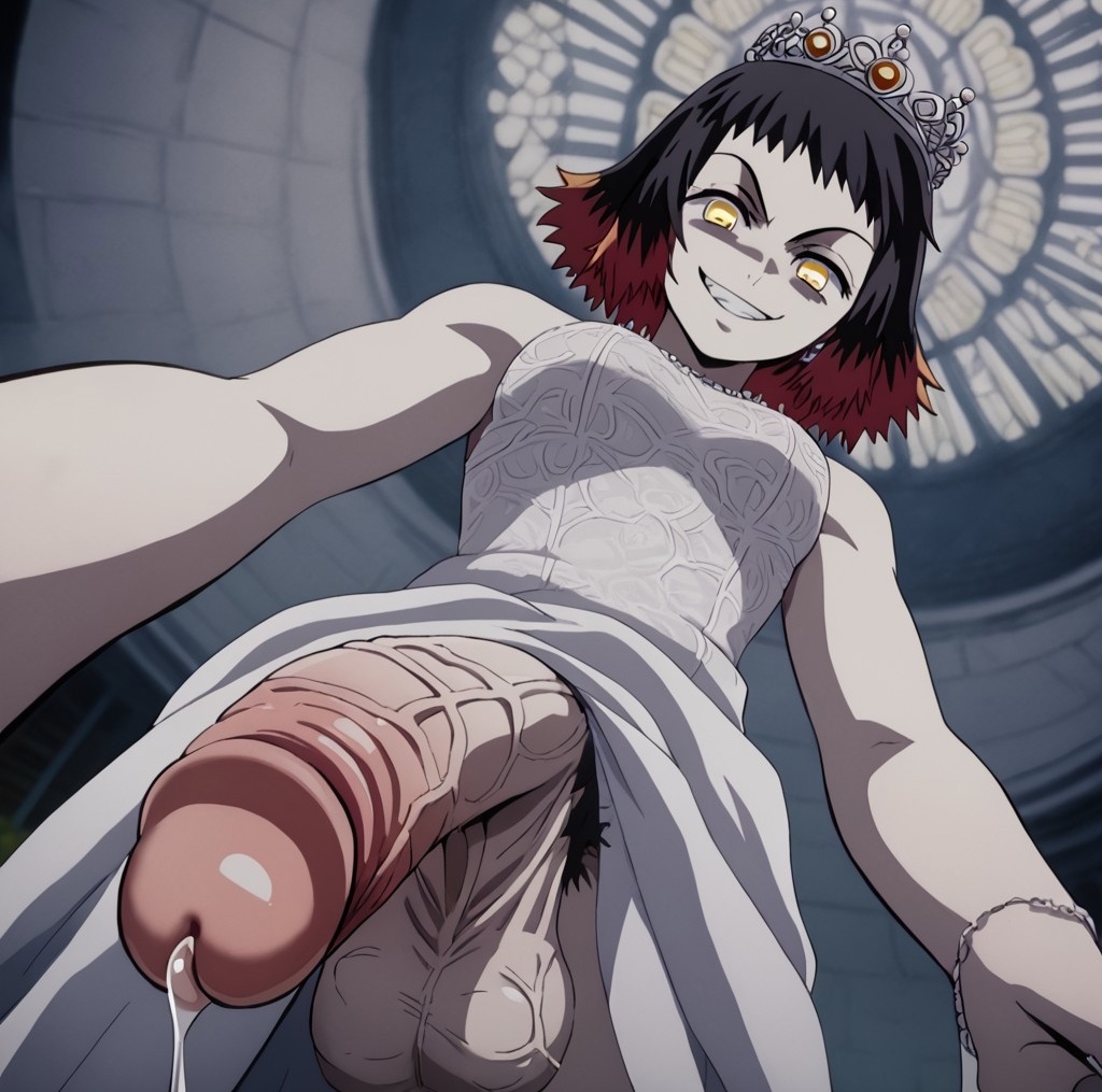 ai_generated big_balls big_penis demon demon_slayer futanari kimetsu_no_yaiba penis precum precum_drip smirking susamaru wedding_dress wedding_ring wedding_veil