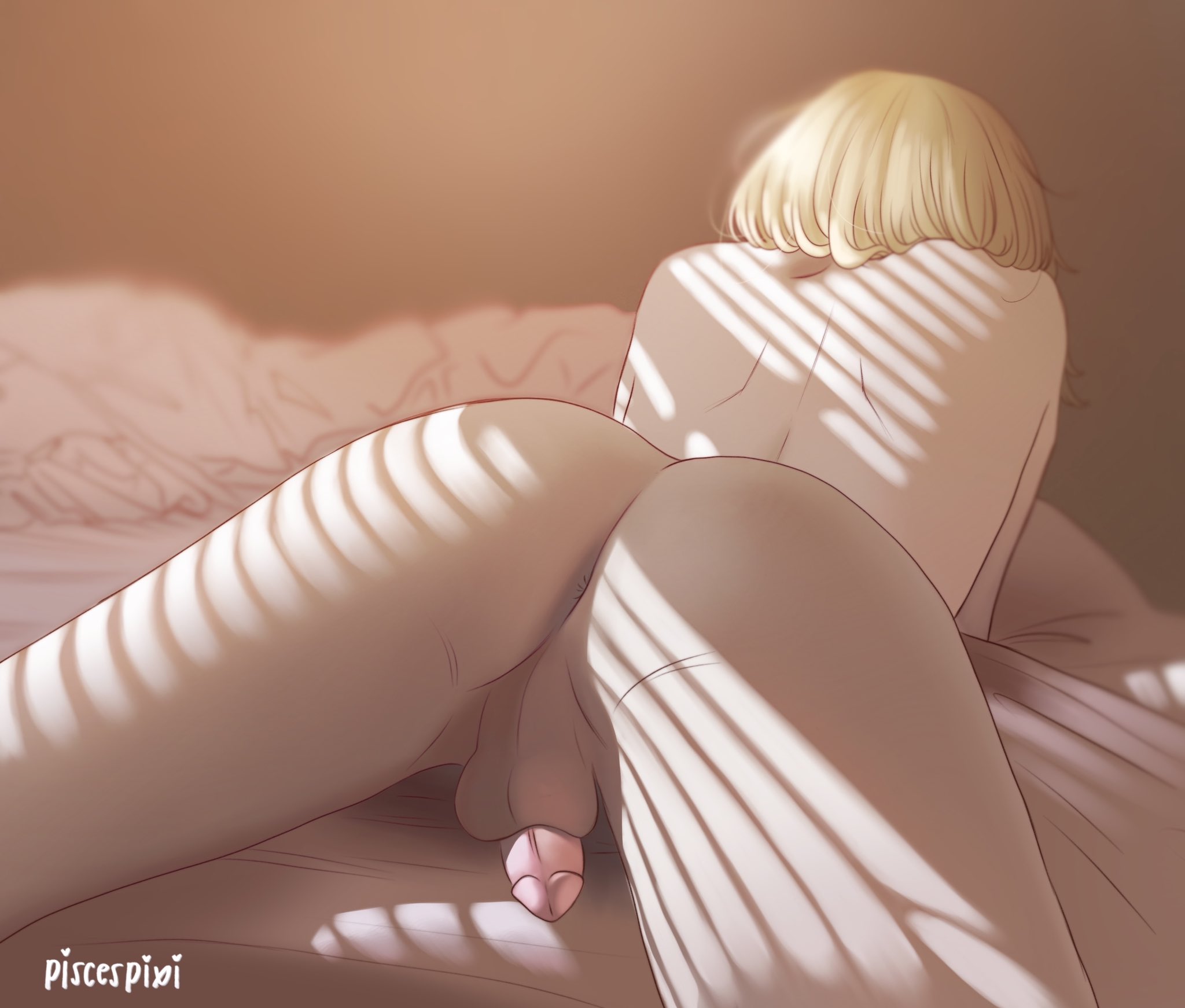 1boy, armin arlert, attack on titan, bed, blonde hair, bob cut, cock-tail, color, completely nude, facing away, feet out of frame, femboy, genitals, laying down, laying on bed, laying on stomach, light, male, male only, nude, nude male, penis, pisces pixi, shingeki no kyojin, signature, solo, solo focus, spread legs, tagme