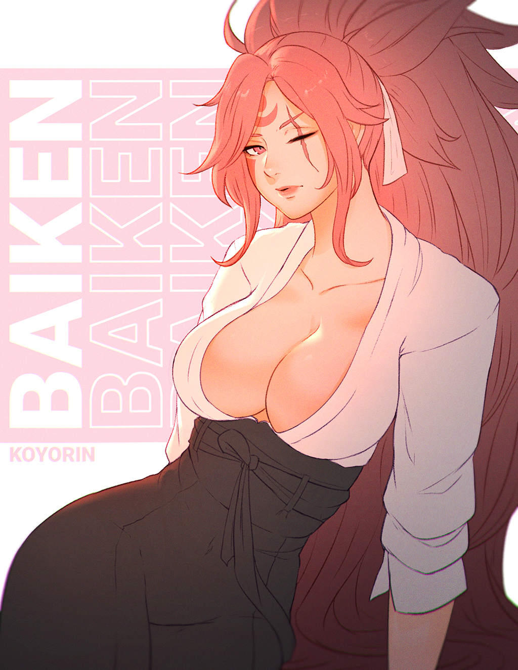 1girls baiken big_breasts cleavage closed_eye clothing female female_only guilty_gear guilty_gear_strive koyorin light-skinned_female red_hair solo underboob