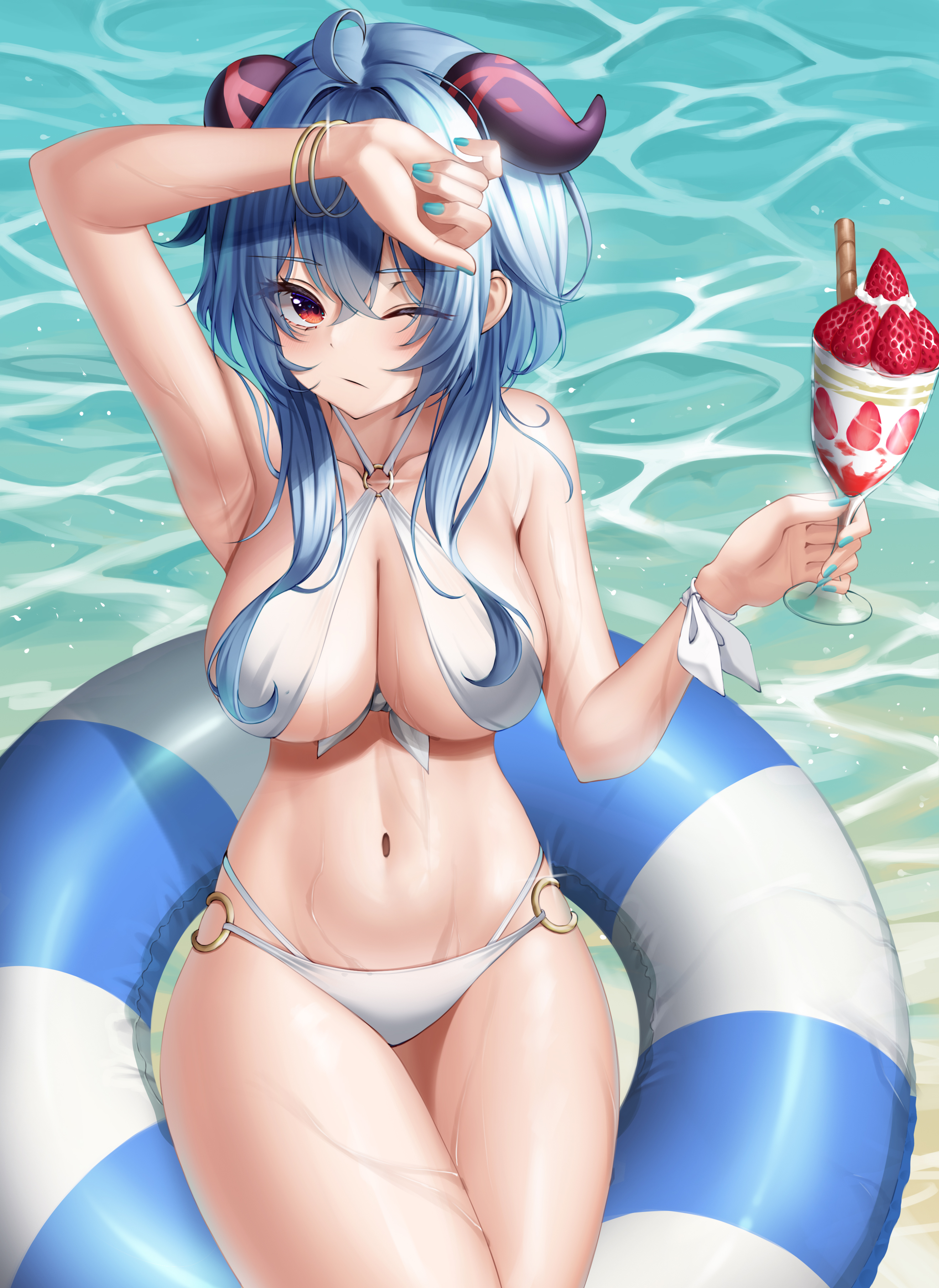 absurdres, ahoge, aqua nails, arm over head, arm up, bikini, blue hair, breasts, cleavage, closed mouth, crossed legs, cup, female, food, fruit, ganyu (genshin impact), genshin impact, glint, goat horns, gold bracelet, highres, holding, holding cup, holding food, horns, hsxxx, innertube, large breasts, long hair, nail polish, navel, o-ring, o-ring bikini, one eye closed, parfait, ribbon, sidelocks, sitting, sling bikini top, solo, strawberry, swimsuit, thighs, water, wavy hair, wet, white bikini, wrist ribbon