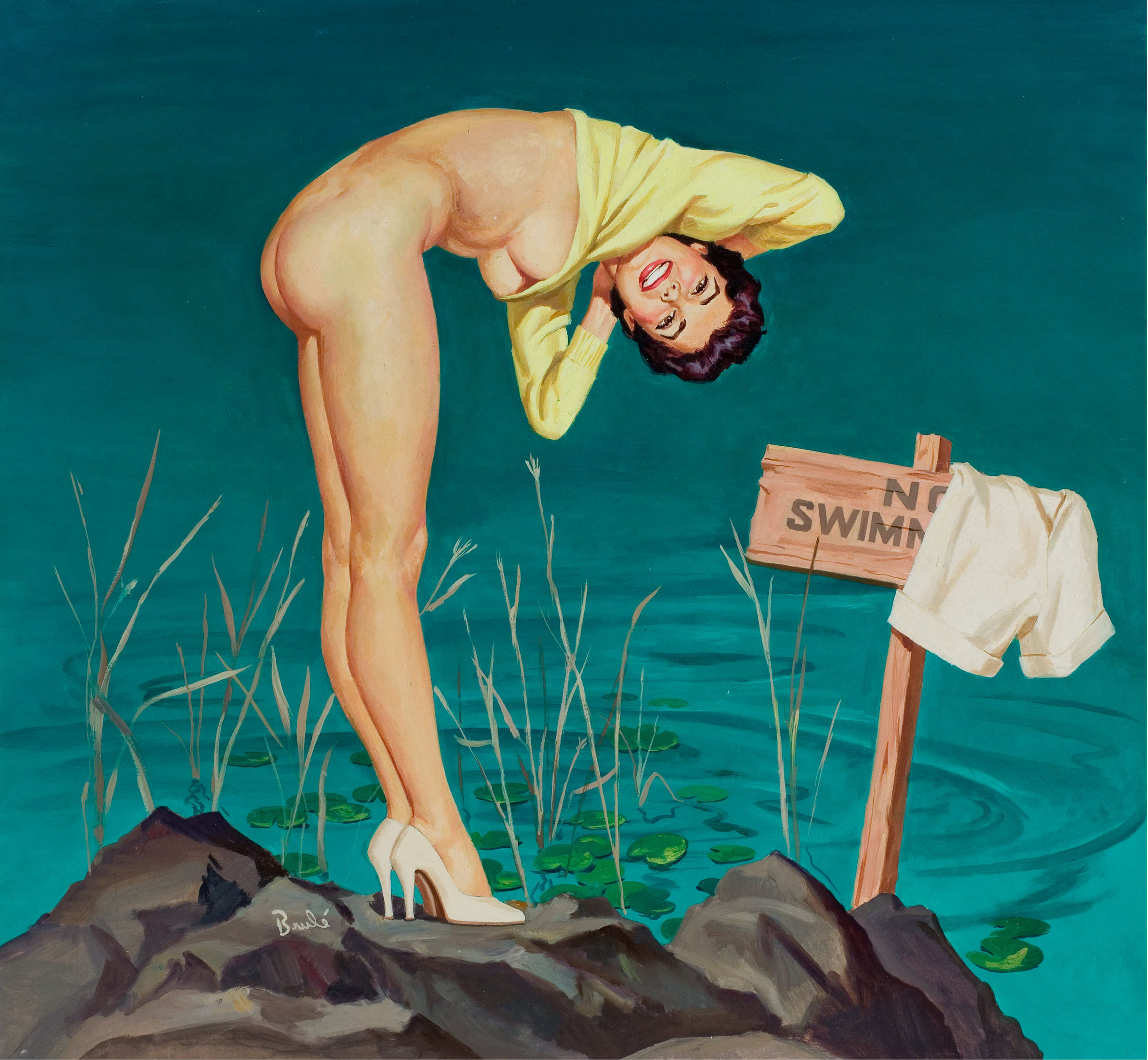 1girls, 20th century, al brule, ass, bent over, black hair, bottomless, breasts, cleavage, female, female only, high heels, lipstick, long legs, looking at viewer, original, painting (artwork), pinup, pinup girl, pond, side view, sign, smile, solo, straight hair, traditional media (artwork), underboob, undressing, vintage, water