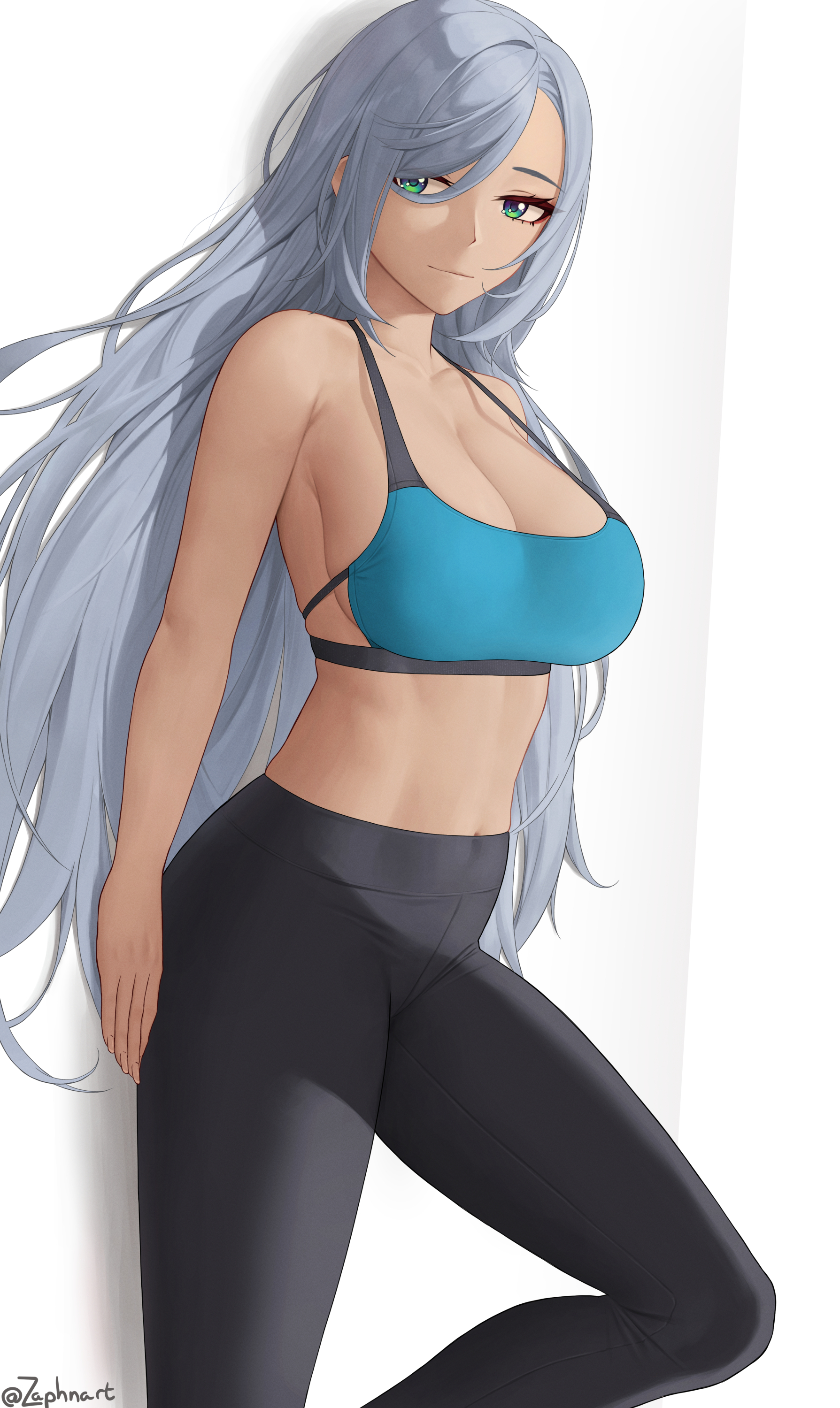 1girls, 2022, alternate version available, artist signature, breasts, female, female only, genshin impact, green eyes, hair down, hair over one eye, hi res, hips, huge breasts, long hair, looking at viewer, lying on back, shenhe (genshin impact), simple background, slim waist, sports bra, sportswear, thick thighs, thighs, very long hair, white background, white hair, wide hips, yoga pants, zaphn