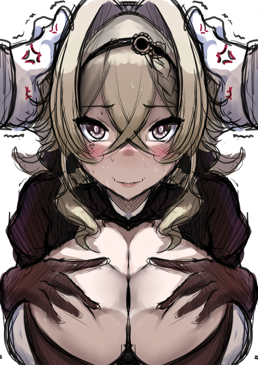 1boy 1girls anger_vein blush boob_window braid breasts brown_gloves brown_jacket cleavage gloves grabbing_own_breast gray_eyes green_hair hand_on_head headwear honkai_impact_3rd large_breasts medium_hair smile steampunk sweat tomodachi_(tomofanart) vill-v white_gloves white_shirt