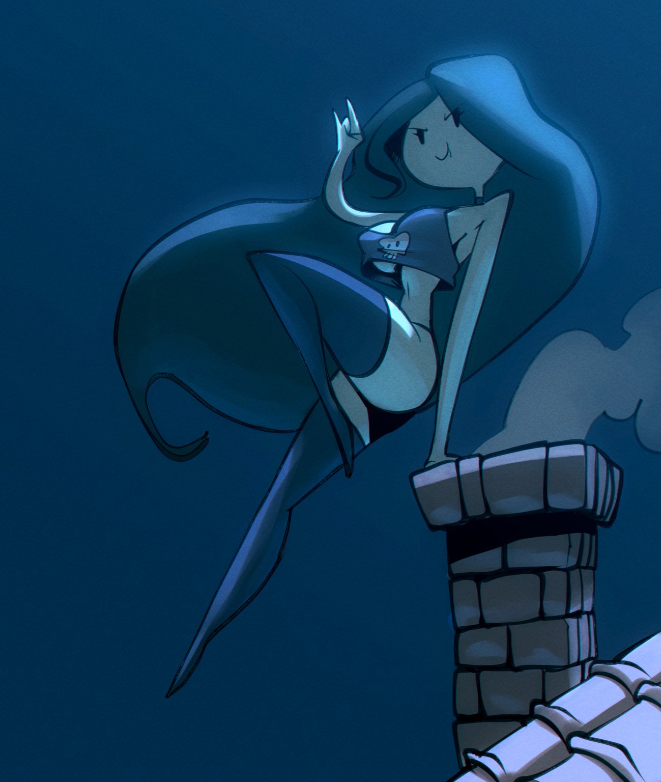 1girls, absurd res, adventure time, bare arms, bare shoulders, beady eyes, bigdad, black hair, breasts, cartoon network, chimney, choker, crop top, devil horns (gesture), fang out, female, female focus, female only, floating, full body, highres, levitation, long hair, long legs, marceline, midriff, mob face, night, no shoes, outdoors, rooftop, running bond, solo, stockings, tank top, thick thighs, thighhighs, thighs, thong, underboob, vampire, very long hair
