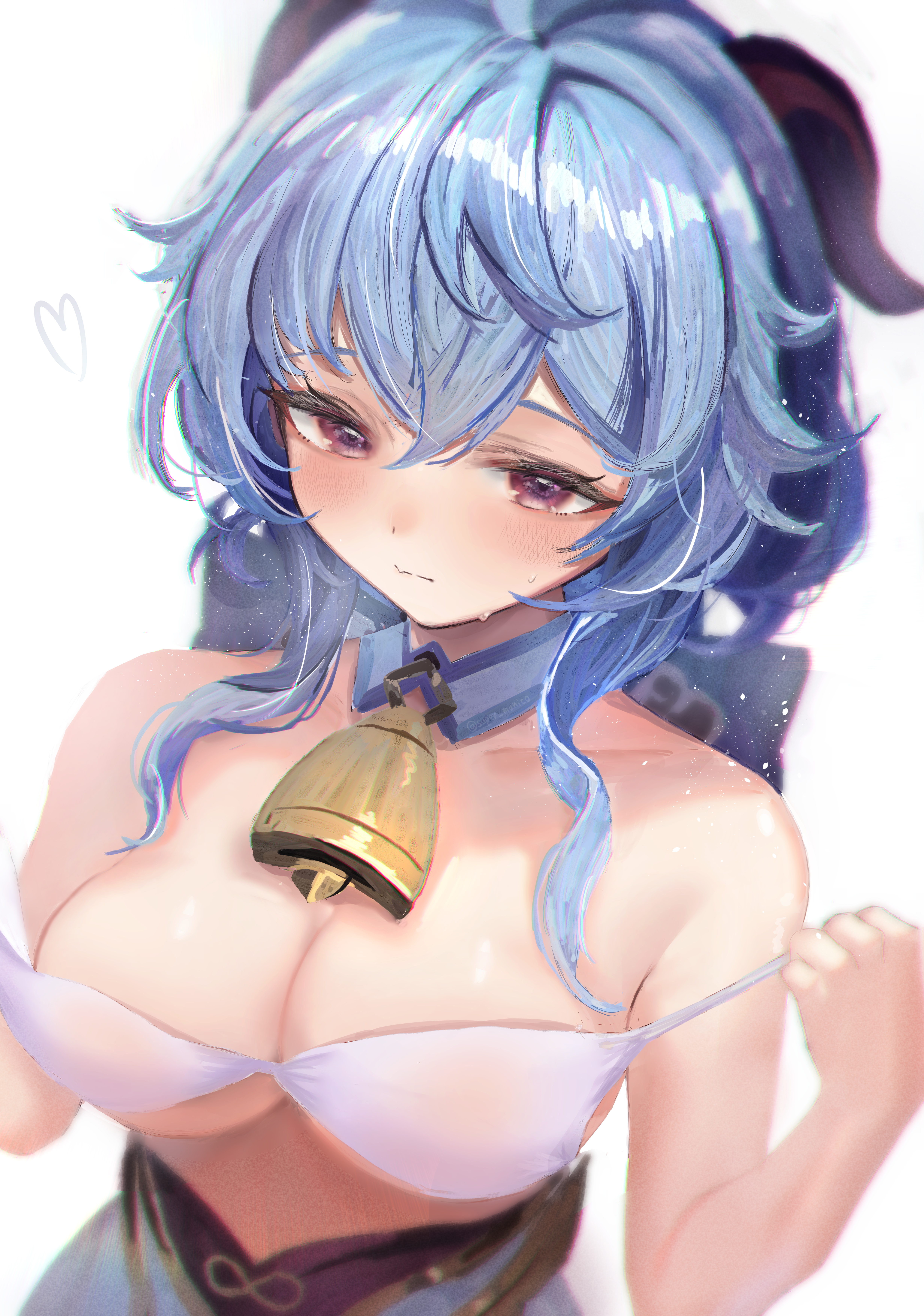 absurdres, bell, bikini, bikini top only, blue hair, blush, breasts, cleavage, cowbell, detached collar, female, ganyu (genshin impact), genshin impact, goat horns, hair between eyes, highres, horns, large breasts, long hair, purple eyes, solo, strap pull, super munico, sweat, swimsuit, upper body, white background, white bikini